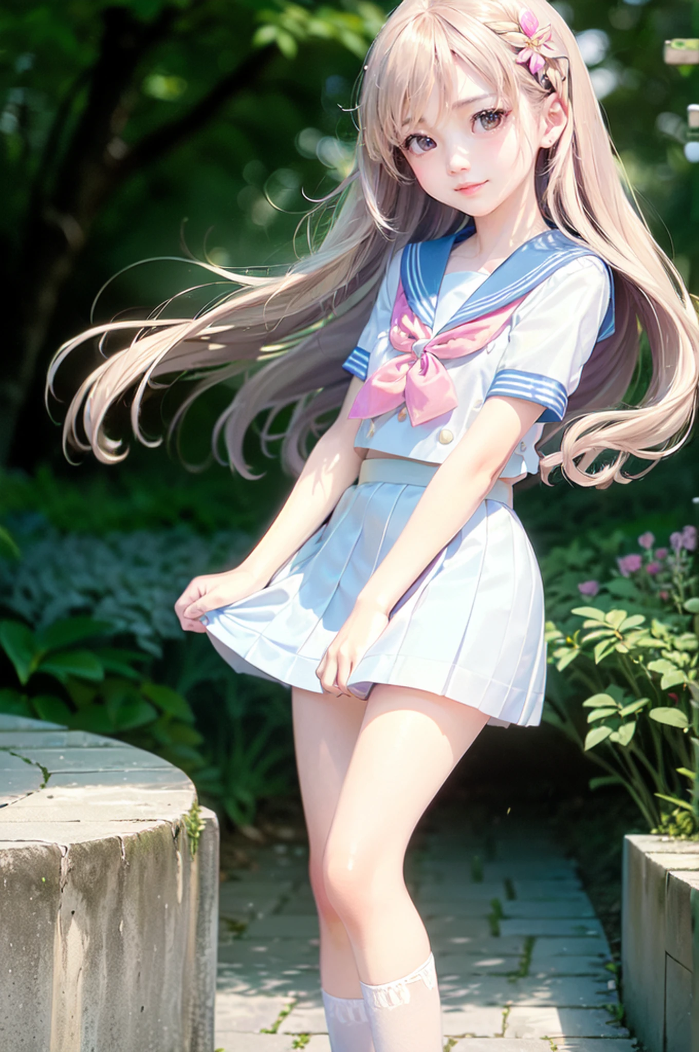 (cutest,cute girl,solo,girly,charming,adorable),(beautiful detailed eyes,beautiful detailed lips,extremely detailed eyes and face,longeyelashes),(smooth,flowing hair),(flawless, porcelain-like skin),(skin whitening, radiant complexion),(soft, delicate features),(innocent, captivating smile),(dainty, petite figure),(stylish and fashionable),(bright, cheerful colors),(playful, lively atmosphere),(natural lighting),(vibrant and lively background),(charming and relaxed pose),(pleasing composition),(high-resolution, 4K quality),(ultra-detailed),(realistic, photorealistic:1.37),(bokeh effect),(pastel tones),(subtle shadows and highlights),(soft, dreamlike ambiance),(girly,charming,adorable,JK_sailor:1.2).