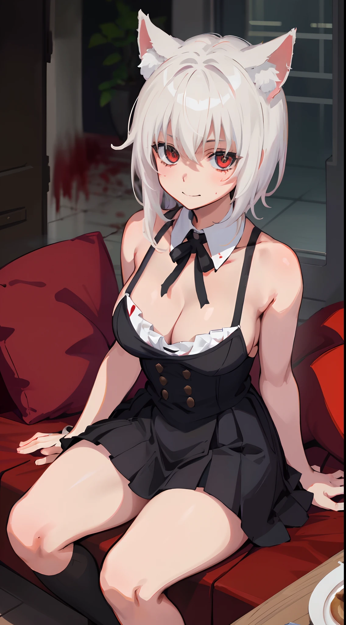 Best Quality, (Masterpiece:1.2), High Detailed, Standing, School, Indoor, Cat Ears, 1girl, solo, tojo koneko, looking at the viewer, closed mouth, light smile, red eyes, white hair, short hair, hair decoration, cleavage, black neckband, erotica, sleeveless, (whole body, close-up), bare legs, ((bloody, blood, evil)), healthy skin, ((seated))