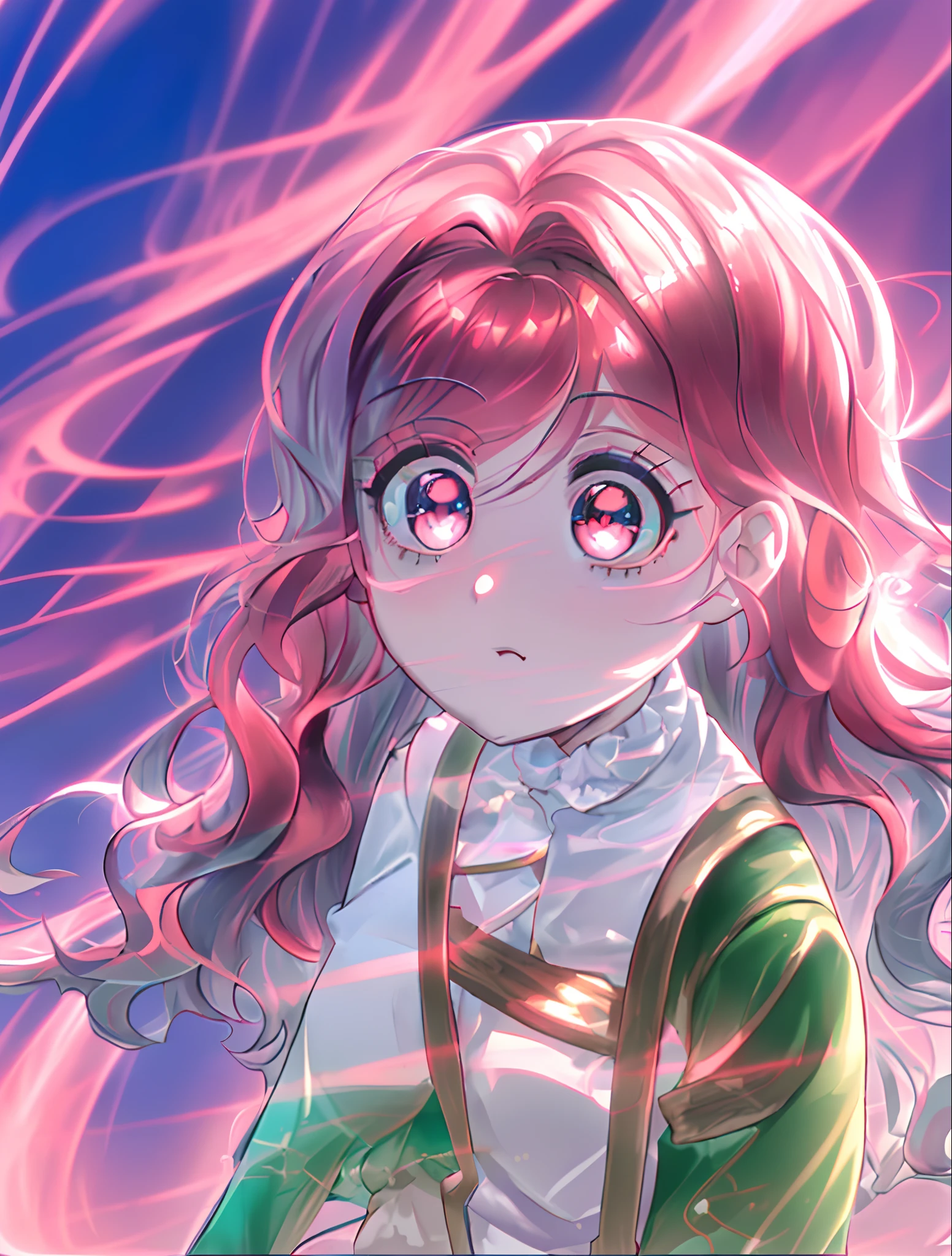 anime com cabelo rosa, meninahos verdes sentada, retrato estilo anime, visual anime de uma menina bonitbreamento estilo anime plano, em estilo anime, kawaii retrato realista, fanart de alta qualidade, menina de cabelo renina de olhos verdes, g sun, menina de cabelo rosa cacheado 8k, sunset background, menina de roupa simples, menina de c rosa, olhos bem verdes