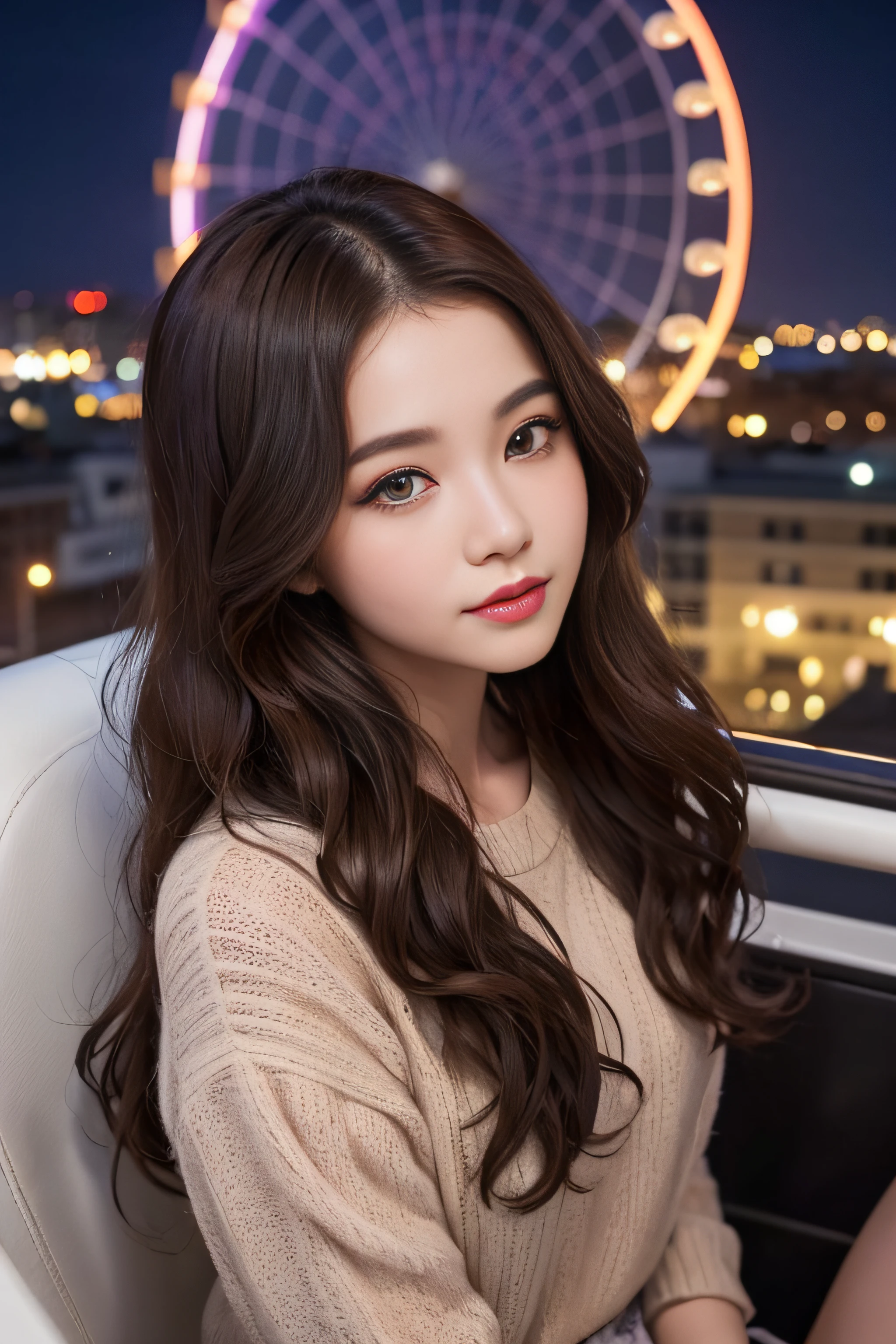 1womanl、Early 20s、(Strong-willed super beauty)、(ultra beautiful faces)、(natta)、Wearing makeup、Wavy brown hair、Sitting in the seat of the Ferris wheel、Night view of the city from the window、Shallow depth of field