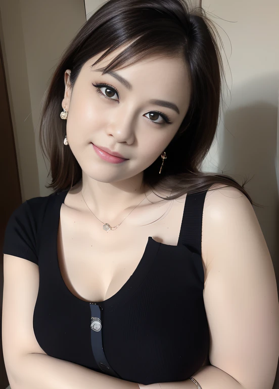 masterpiece,best quality, (1 milf), ((portrait:1.5)), makeup, (looking at the viewer), make up:1.5, showing armpits, black shirt, touch own chest, ((seduction expression)),