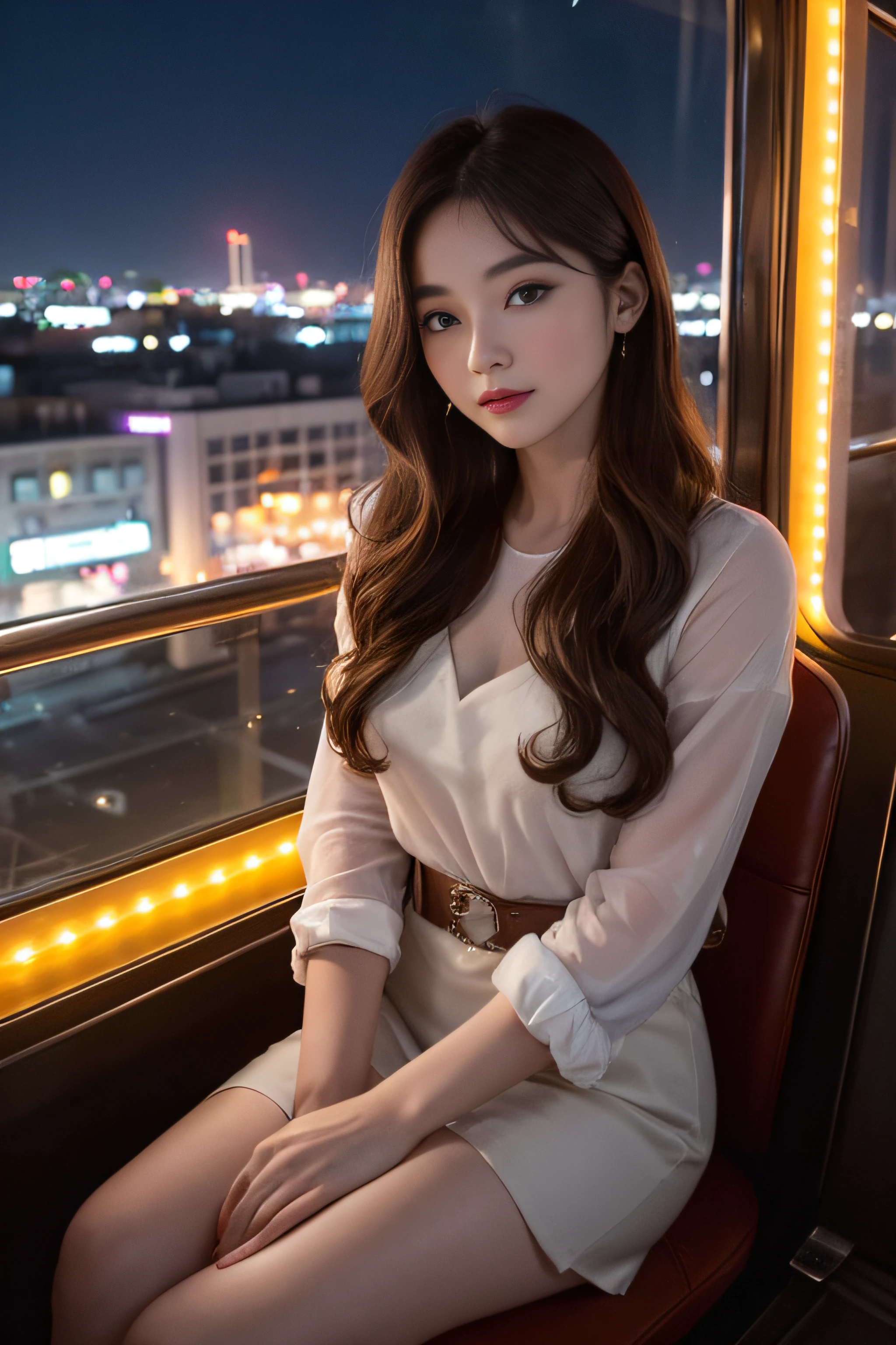 1womanl、Early 20s、(Strong-willed super beauty)、(ultra beautiful faces)、(natta)、Wearing makeup、Wavy brown hair、Sitting in the seat of the Ferris wheel、Night view of the city from the window、Shallow depth of field