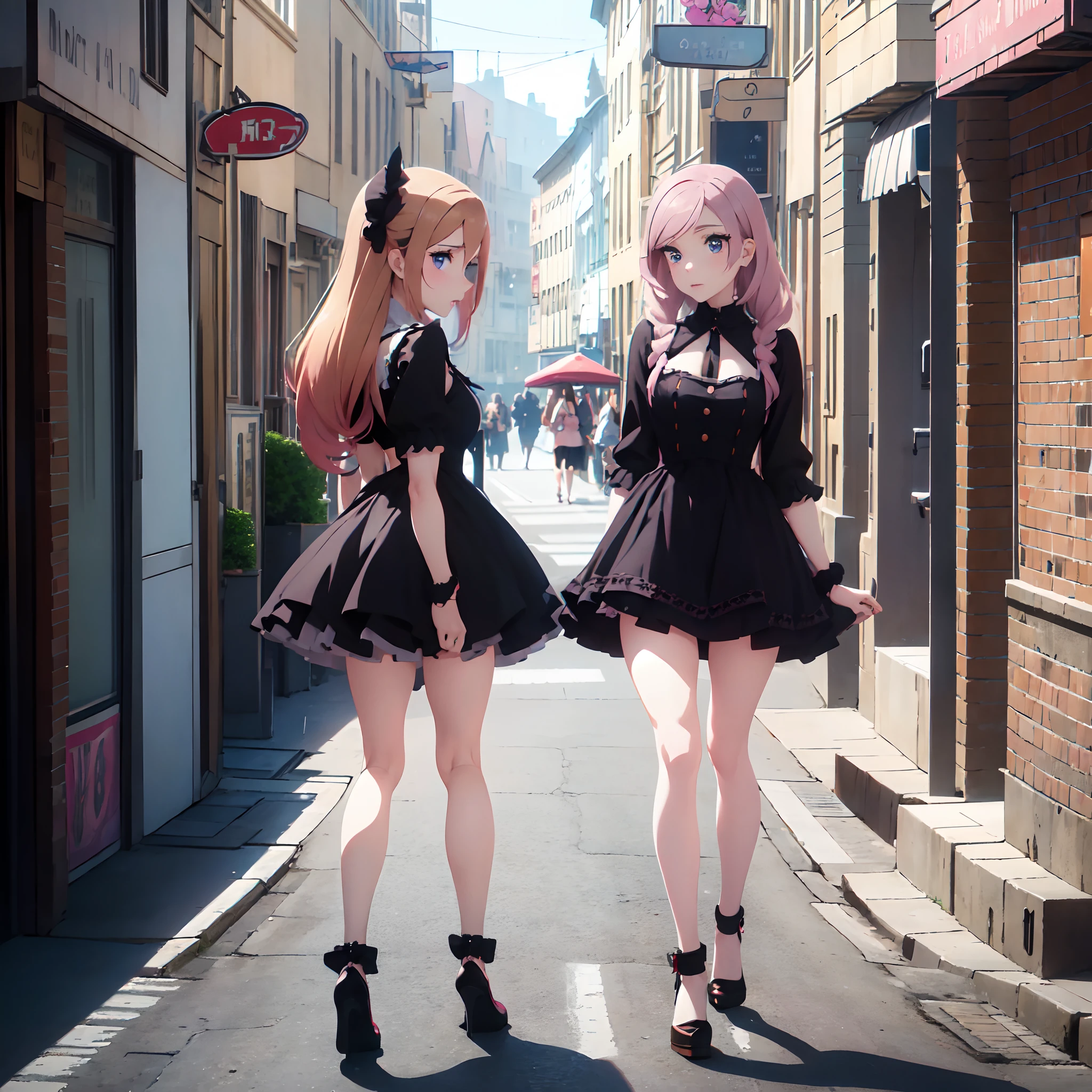 there is a woman in a short dress walking down the street, young beautiful amouranth, amouranth, belle delphine, profile pic, better known as amouranth, gothic city streets behind her, profile picture, in city street, full body! pretty face, full body cute young lady, profile image, dressed with long fluent clothes
