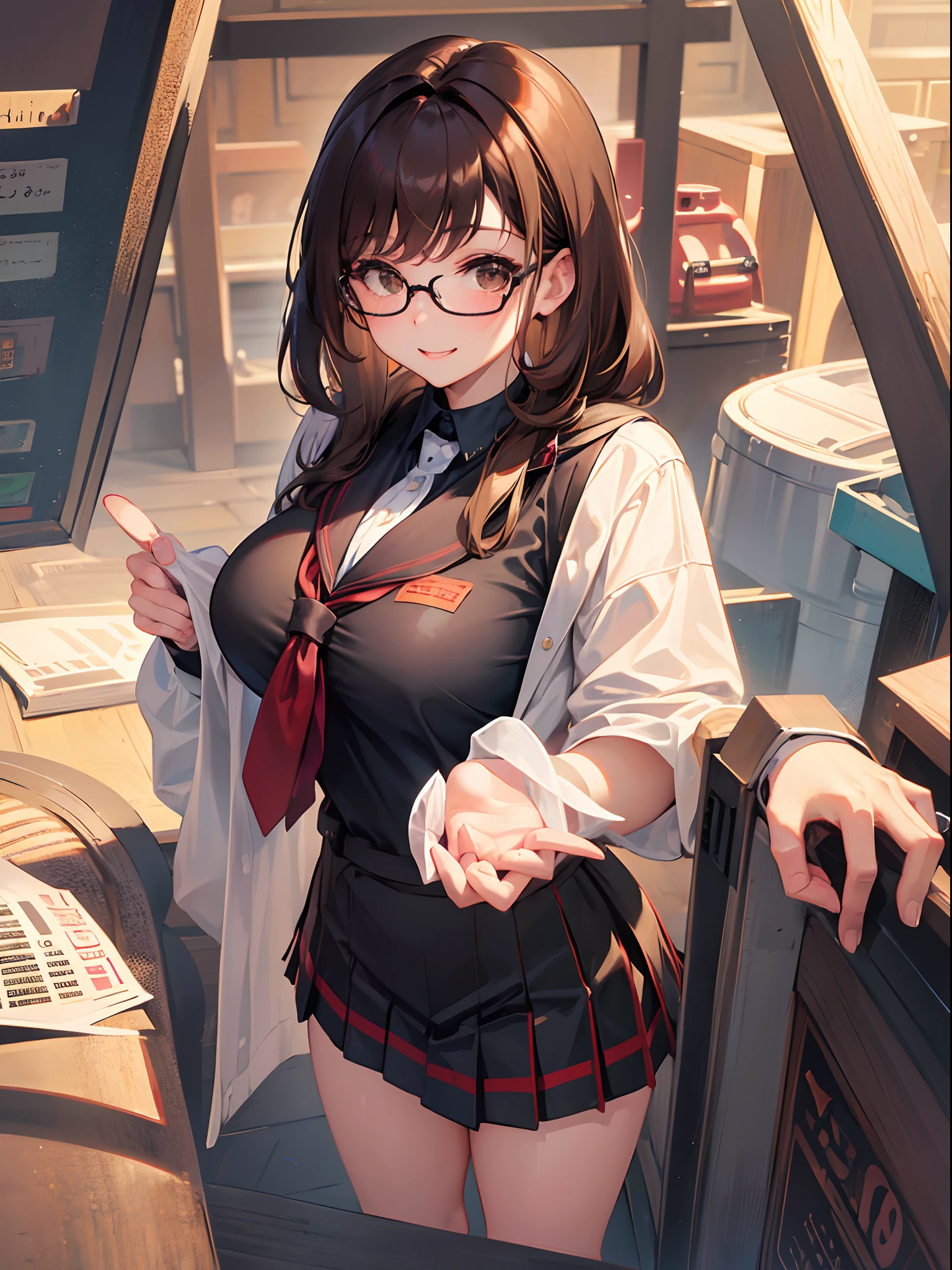1人の女性、brown haired(Curta)、Brown eyes、Black-rimmed glasses、 Best Quality、ultra-detailliert、8K resolution、Raw photo、masutepiece、seductive boobs、gorgeous faces、Perfect body、schools、Blazer Uniform