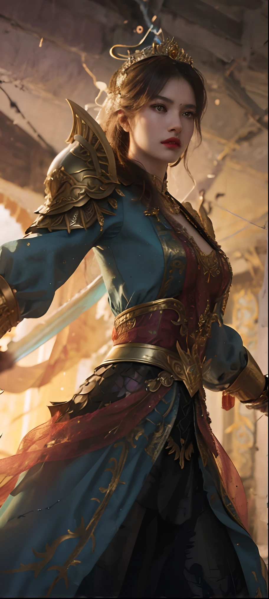 A princess who becomes a warrior, (masterpiece,12k,Embossed,realistic,enhanced images,mythic fantasy), detailed golden tiara, flowing luxurious gown, intricate armor with engravings, angry expression, determined eyes, strong and muscular build, ethereal background, glowing magical sword and shield, divine light illuminating the scene, vibrant colors, dynamic poses, epic battle scene, enchanted forest, ancient ruins, mythical creatures in the background, captivating storytelling.