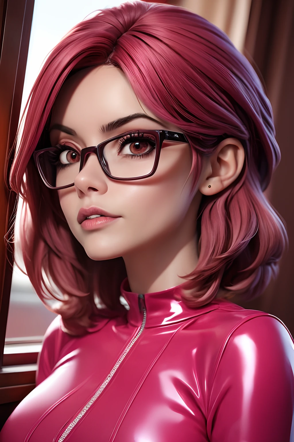 Caricatura de una mujer con un enterizo rosa de latex con escote, grandes senos, cabello fucsia y cabello corto hasta los hombros en forma de melena con lentes viendo por la ventana