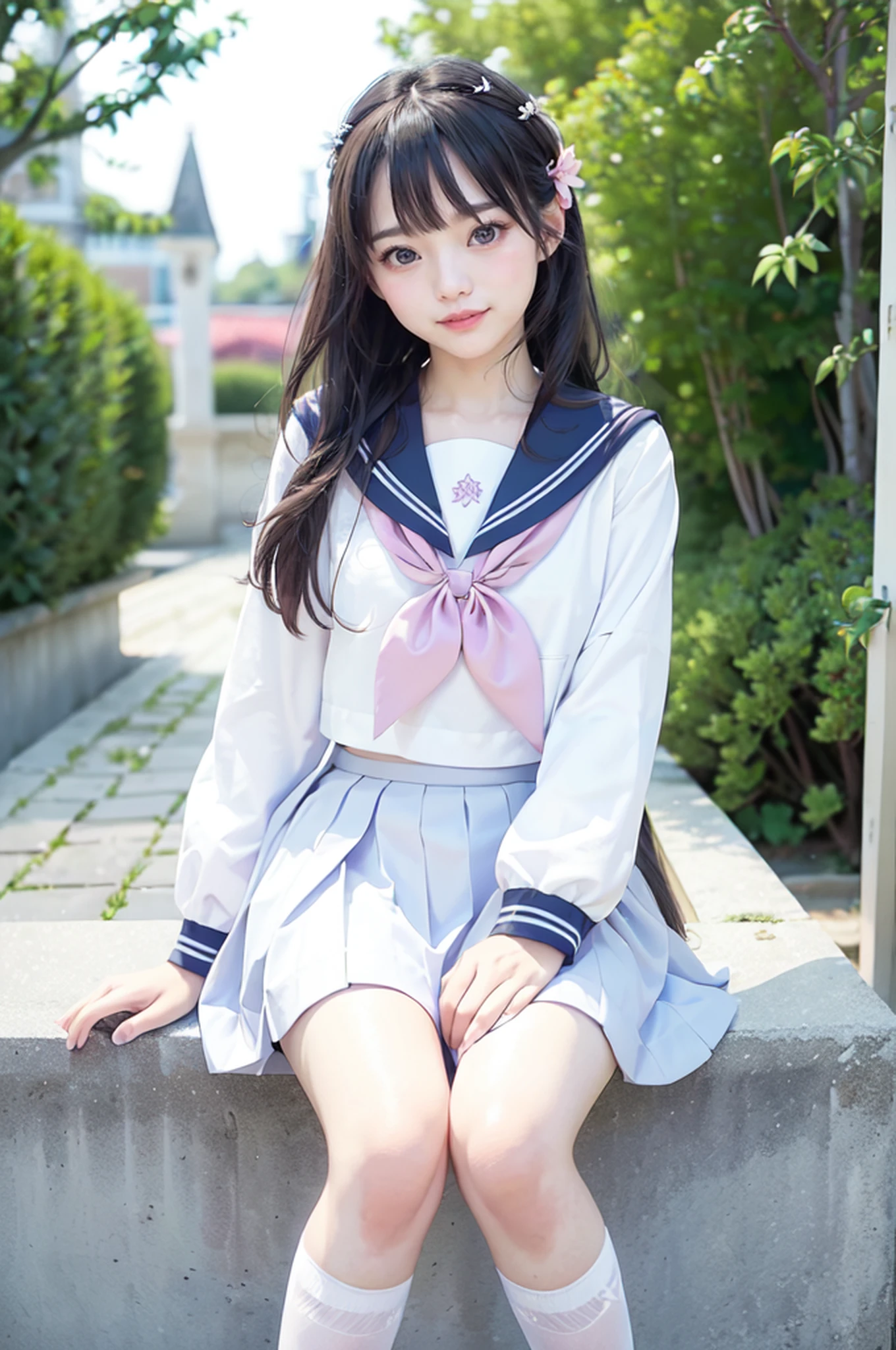 (cutest,cute girl,solo,girly,charming,adorable),(beautiful detailed eyes,beautiful detailed lips,extremely detailed eyes and face,longeyelashes),(smooth,flowing hair),(flawless, porcelain-like skin),(skin whitening, radiant complexion),(soft, delicate features),(innocent, captivating smile),(dainty, petite figure),(stylish and fashionable),(bright, cheerful colors),(playful, lively atmosphere),(natural lighting),(vibrant and lively background),(charming and relaxed pose),(pleasing composition),(high-resolution, 4K quality),(ultra-detailed),(realistic, photorealistic:1.37),(bokeh effect),(pastel tones),(subtle shadows and highlights),(soft, dreamlike ambiance),(girly,charming,adorable,JK_sailor:1.2).