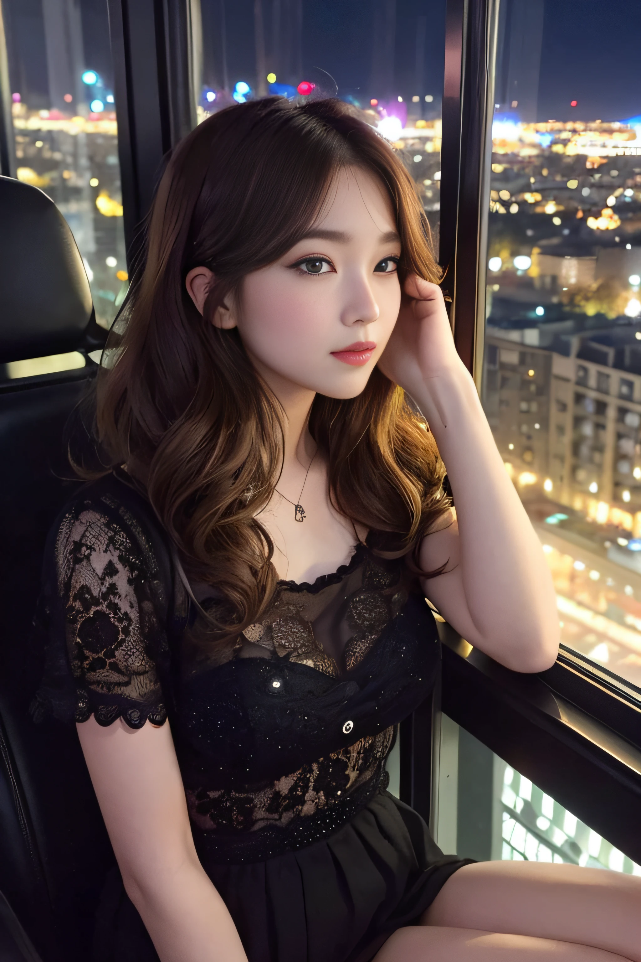 1womanl、Early 20s、(Strong-willed super beauty)、(ultra beautiful faces)、(natta)、Wearing makeup、Wavy brown hair、Sitting in the seat of the Ferris wheel、Night view of the city from the window、Shallow depth of field