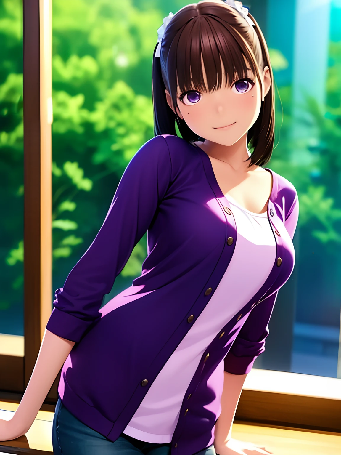 hight resolution,in 8K,Best Quality,detaileds,semi - realistic anime,Anime 3D Style,Smooth Anime CG,1 girl in,20 year old woman in Japan,slim,modeled,shiny chestnut hair,Medium Hair,Detailed face,Beautiful and detailed eyes,Glowing skin,Purple blouse,Fantastical aquarium,Shooting in the aquarium,Blurry background,