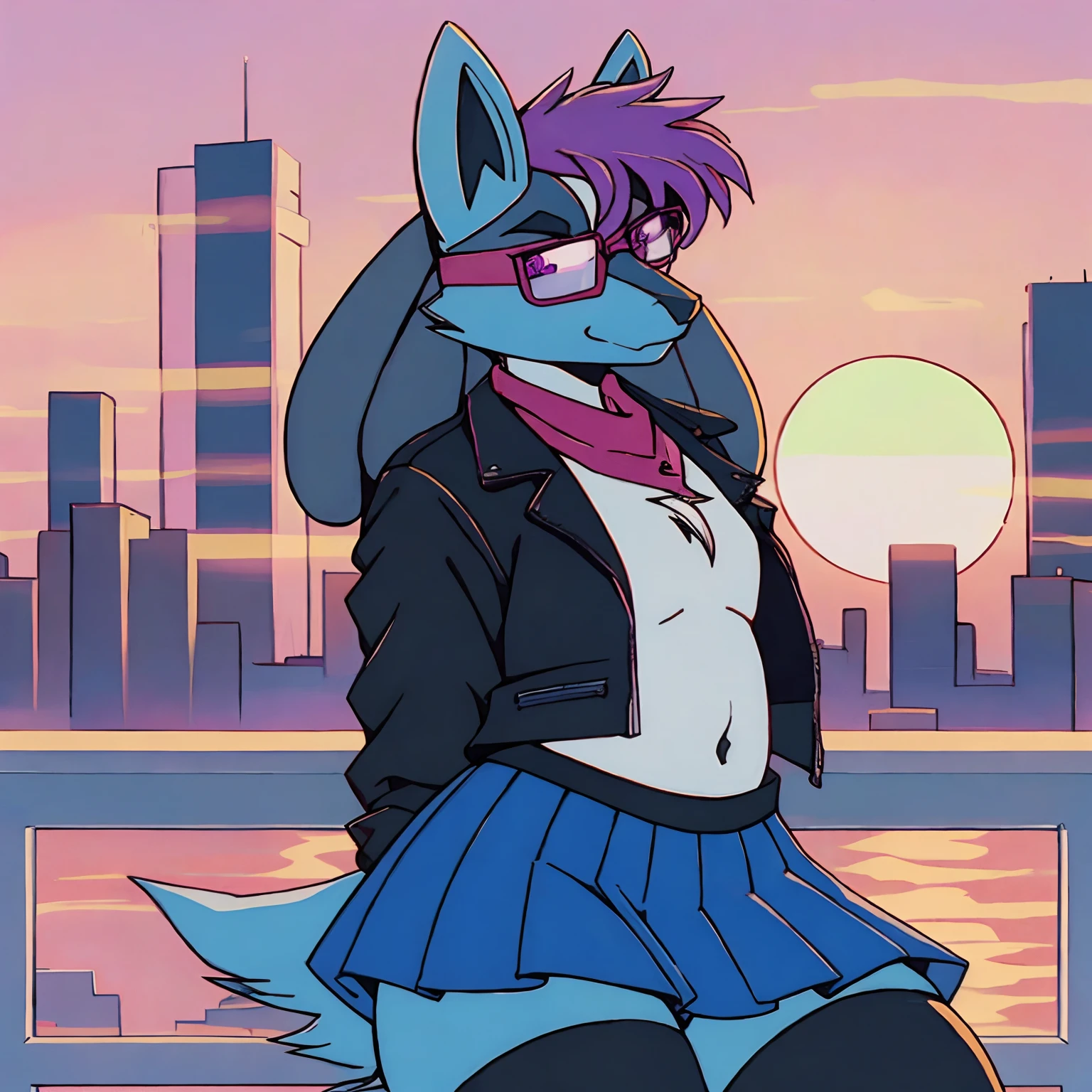 Mute pastel colors, Smooth photos, Retro soul, 1990s animation, 1980s animation, Retro soul, Retro anime style, Masterpiece, Best Quality, Lucario, furry, solo female, Lucario Pokémon, skirt, thigh high socks, crop top black jacket, Retro Lucario fanart, 1990s anime, retro animation, transgender women, sunset over city background, very detailed background, bandana, white chest spike, pink eyes, high definition eyes, very detailed eyes, chubby, small amount of pink hair on top of head with purple highlights, blue fur, cute bandana, trans flag bandana, picturesque background, 1 horizon line, rose tinted rimless glasses, gradient rose tinted glasses, perfect background, beautiful background, black jacket, black face markings, no shirt, midriff, belly button, 1 bandana around neck, black skirt