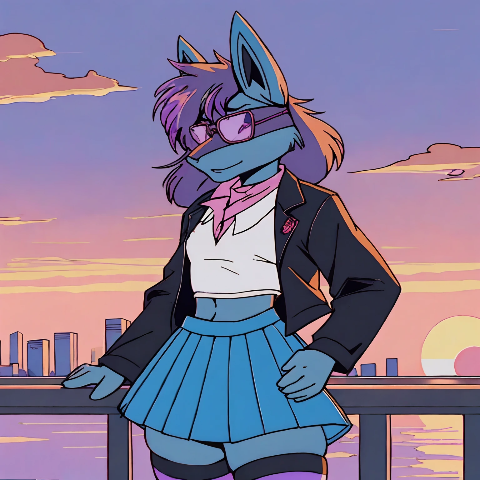 Mute pastel colors, Smooth photos, Retro soul, 1990s animation, 1980s animation, Retro soul, Retro anime style, Masterpiece, Best Quality, Lucario, furry, solo female, Lucario Pokémon, skirt, thigh high socks, crop top black jacket, Retro Lucario fanart, 1990s anime, retro animation, transgender women, sunset over city background, very detailed background, bandana, white chest spike, pink eyes, high definition eyes, very detailed eyes, chubby, small amount of pink hair on top of head with purple highlights, blue fur, cute bandana, trans flag bandana, picturesque background, 1 horizon line, rose tinted rimless glasses, gradient rose tinted glasses, perfect background, beautiful background, black jacket, black face markings, no shirt, midriff, belly button, 1 bandana around neck, black skirt