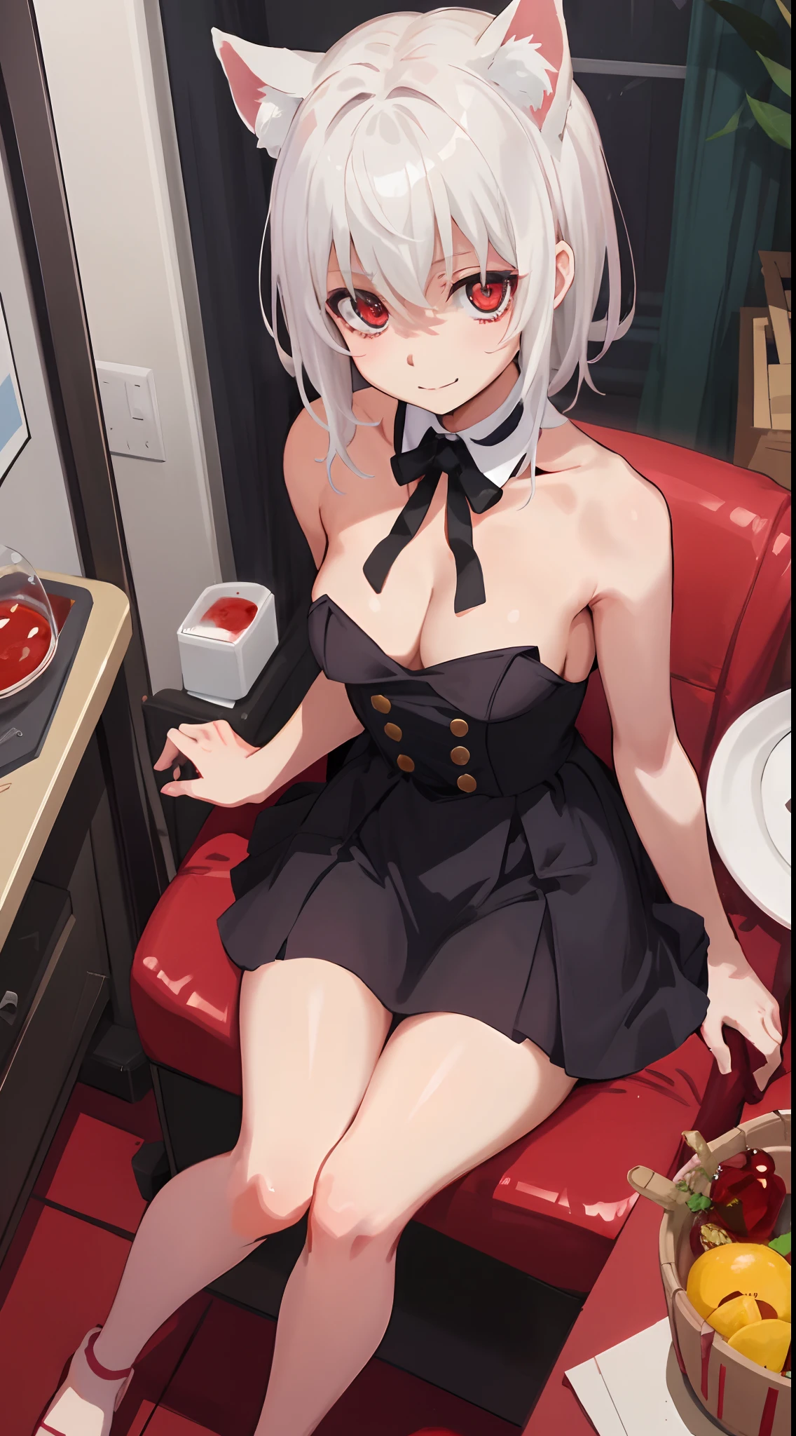 Best Quality, (Masterpiece:1.2), High Detailed, Standing, School, Indoor, Cat Ears, 1girl, solo, tojo koneko, looking at the viewer, closed mouth, light smile, red eyes, white hair, short hair, hair decoration, cleavage, black neckband, erotica, sleeveless, (whole body, close-up), bare legs, ((bloody, blood, evil)), healthy skin, ((seated))