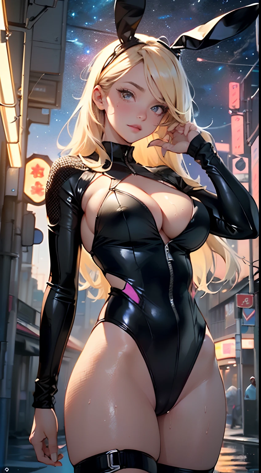 cute bunny girl,(((1girl))),((bunny girl with extremely cute and beautiful blonde hair)),(((bunny girl,anthro furry cute,bunny-girl))),(((bunny ears,bunny ears on head,big bunny ears))),
(large breasts:1.4),saggy breasts,(((blonde hair:1.35,colored inner hair,ear breathing,long hair))),((heterochromia:1.5, (pink_eye and yellow_eye))),intricate eyes,beautiful detailed eyes,symmetrical eyes,((fat)),(((lustrous skin:1.5,bright skin: 1.5,skin tanned,shiny skin,very shiny skin,shiny body,plastic glitter skin,exaggerated shiny skin,illuminated skin,wet legs))),(spider lower abdomen,narrow waist,wide hip,athletic body,inflated legs,detailed body,(detailed face)),
cute,slutty,seductive,erotic,(((nsfw))),
zettai ryouiki,((slingshot swimsuit black,wearing a slingshot swimsuit outfit:1.3,swimsuit type spacesuit,black armor swimsuit:1.3)),(((huge cleavage))),((wet clothes,intricate outfit,intricate clothes)),
(dynamic pose:1.0),solo focus,embarrassed,(centered,scale to fit dimensions,Rule of thirds),
cyberpunk city by the ocean at night, with bright neon signs and dark stormy clouds and puddles, scenery:1.25,
highres, sharp focus, (ultra detailed, extremely detailed), (photorealistic artwork:1.37),(extremely detailed CG unity 8k wallpaper),((synthwave background theme)),(((vibrant colors))),(intricate background),(masterpiece),(best quality),