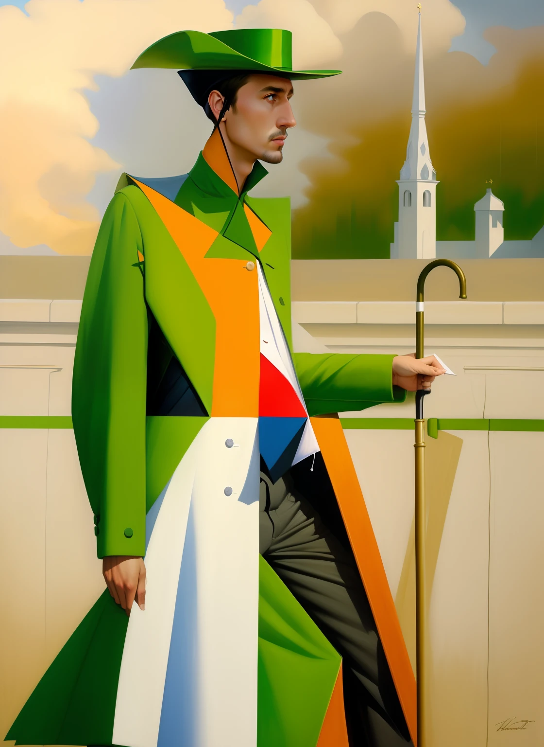 Painting of a man in a green coat and hat with an umbrella, Georgy Kurasov, inspirado em Igor Grabar, Directed by: Igor Grabar, Leonid, Directed by: Alexander Deyneka, No estilo de Stanislav Vovchuk, Andrei Ryabovichev, Directed by: Bencho Obreshkov, Andrey Gordeev, Andrei Markin
