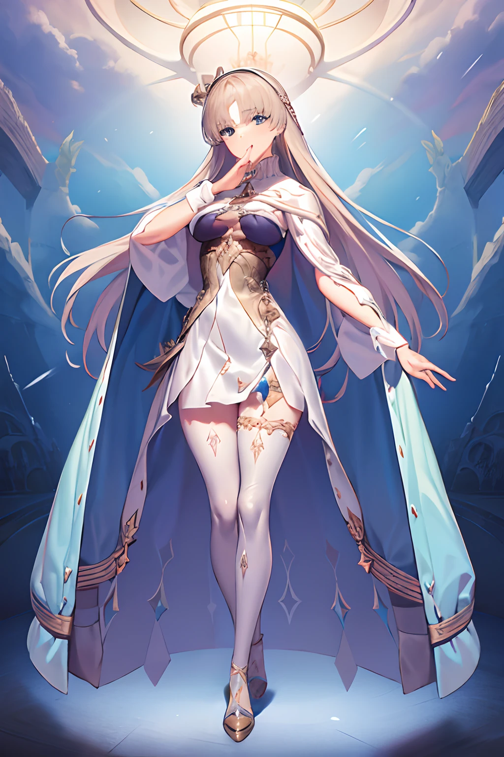 1 masterpiece, extremely detailed, 1 girl, just a girl, inspired by Anastasia's body and face from the anime FGO, and Kamisato Ayaka's hair, blue eyes, long brown hair, medium breasts, standing, dynamic pose, short dress, shoe with heels, tight thigh stockings, wide thighs, full body, perfect anatomy, beautiful, girl of extreme beauty