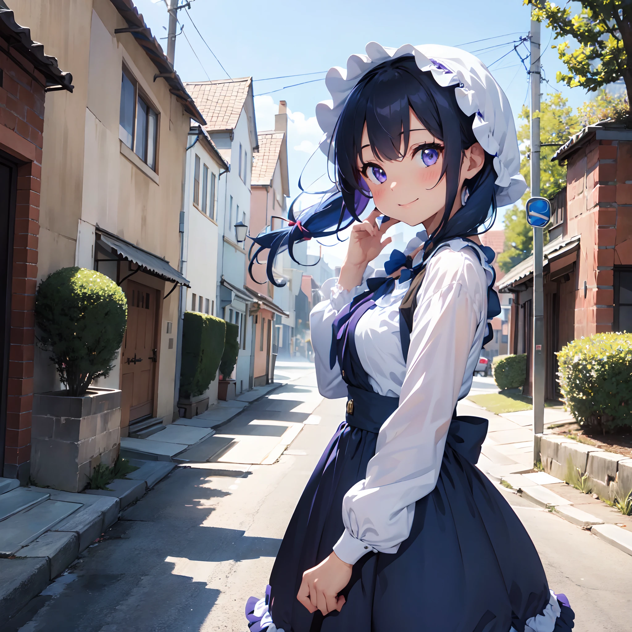 1girl,blue_hair,purple_eyes,long_hair,blue_dress,frills,long_sleeves,(bonnet),medium_breasts,looking at viewer, blush,smile,town,country_side,outdoors,dusk,bow,hair ornament, frilled dress,european clothes,medieval,stone, castle, chimney,old,gothic,from_side