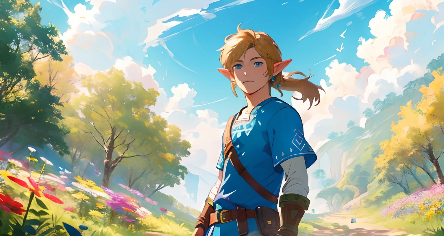 (Award Winning Digital Artwork:1.3) of (Ultra detailed:1.3) solo male, 1 guy, (bright blue eyes), (short blond hair, small ponytail with bangs and side locks 1.3), beautiful forest, handsome, straps, gorgeous, CGSociety, ArtStation, forest, fantasy, breath of the wild, botw, Hyrule kingdom, amazing background, beautiful forest, beautiful, flowers, grass, blue skies, lovely skies, big clouds, masterpiece, perfection, wallpaper, 8k, link, tloz, ((handsome elf man)) adventurer, on an adventure