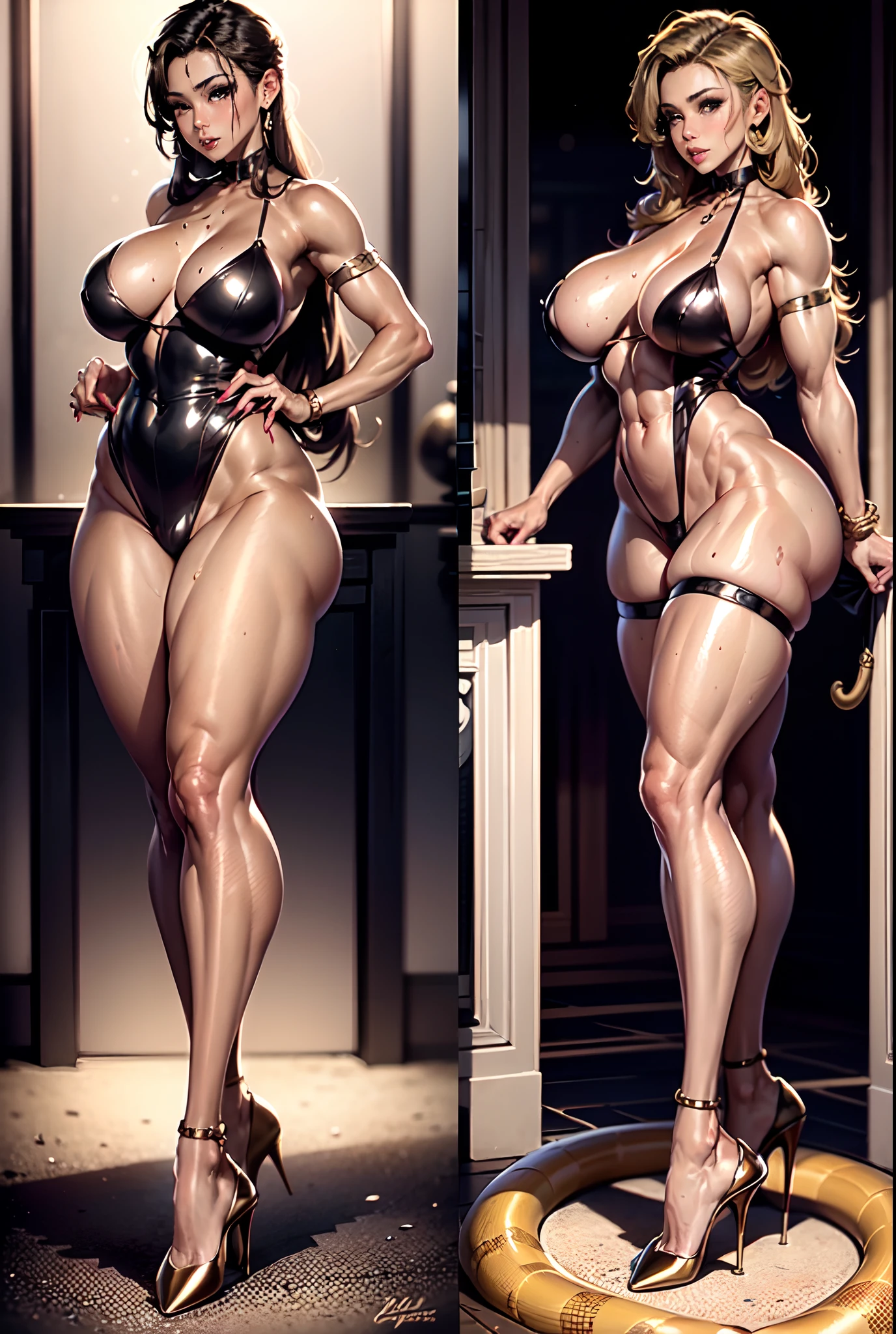 Sexy mature female body wrapped in a large golden snake，Delicate figure-eight breasts，Wear yours with a gradient mini strap swimsuit，(bronze skin:1.3)，(((Oily skin)))，Sweat profusely，Incredibly sexy，muscular calves，Toned abs，Looming pubic hair，Pointed-toe heels，Sensory stimulation，Pose sexy by the pool，