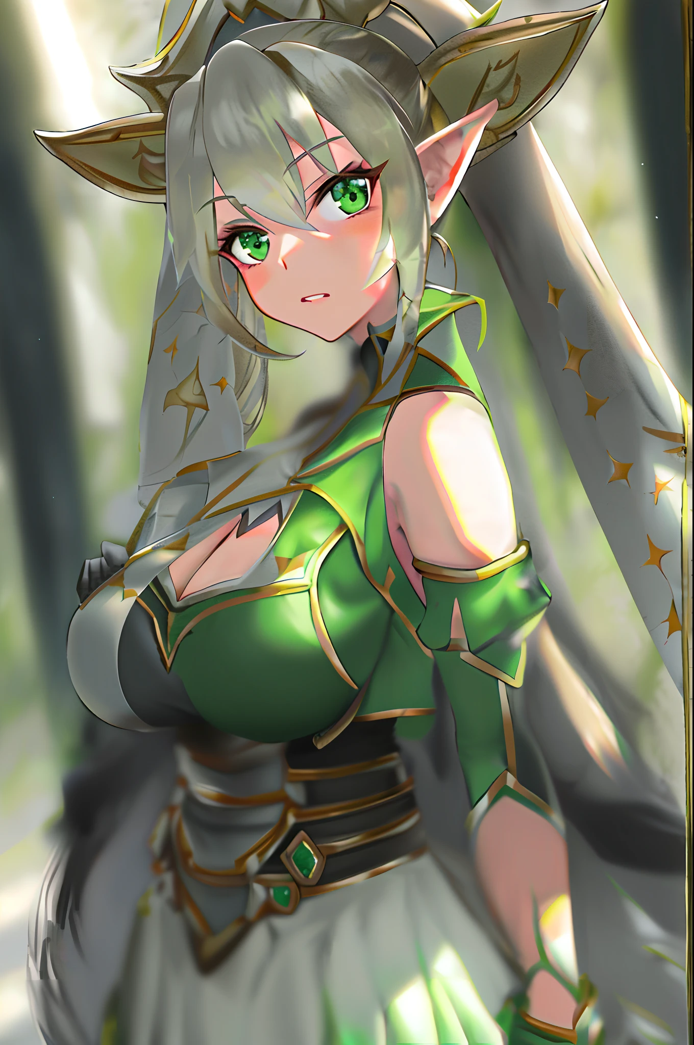 (8k, best quality, tmasterpiece:1.2),\(eye detailed\),\(Facial features\),(\(Clothes detail details\)\),tmasterpiece，Best quality at best，High ISO，1 girl leaf ponytail，Cuirass split sleeves, green skirt, white thighs, buttocks, vents stand,（huge tit）,(Round, full breasts:1.3),tall girl,Elf,pointed ears,female pervert