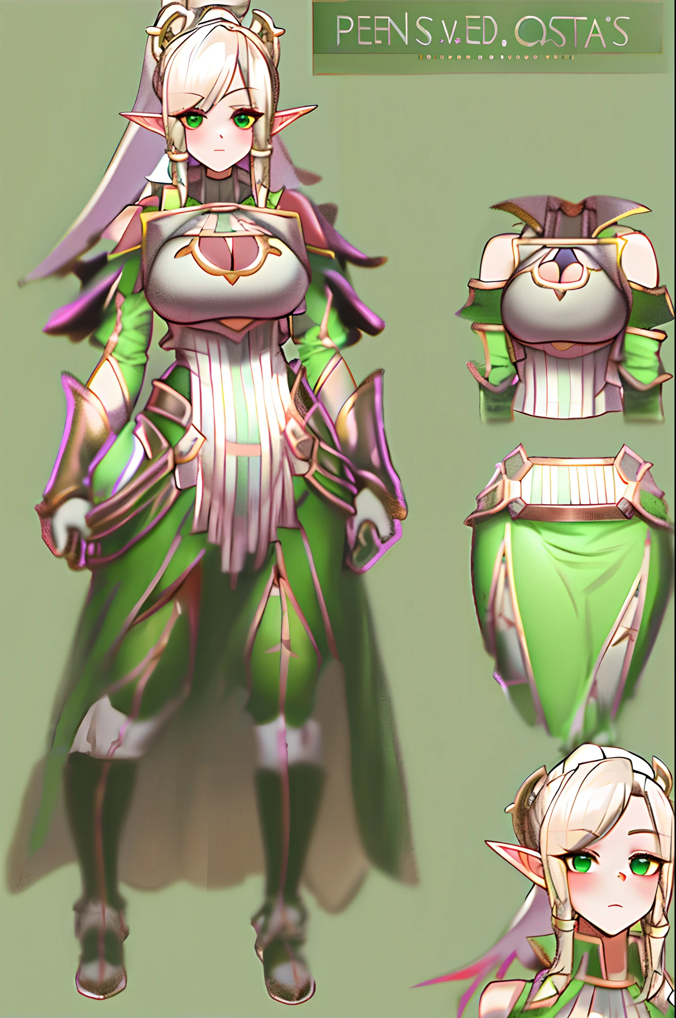 (8k, best quality, tmasterpiece:1.2),\(eye detailed\),\(Facial features\),(\(Clothes detail details\)\),tmasterpiece,Best quality at best,High ISO,1 girl leaf ponytail,Cuirass split sleeves, green skirt, white thighs, buttocks, vents stand,(huge tit),(Round, full breasts:1.3),tall girl,Elf,pointed ears,female pervert