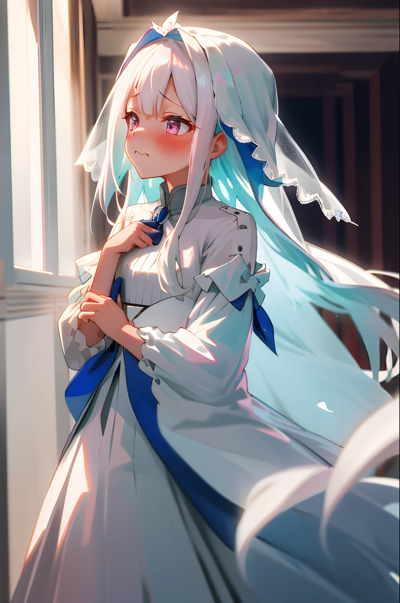 One girl with long hair and white blouse, white hair, looking away, embarrassed, blushing, mouth small open, indoor, wedding dress, bridal veil