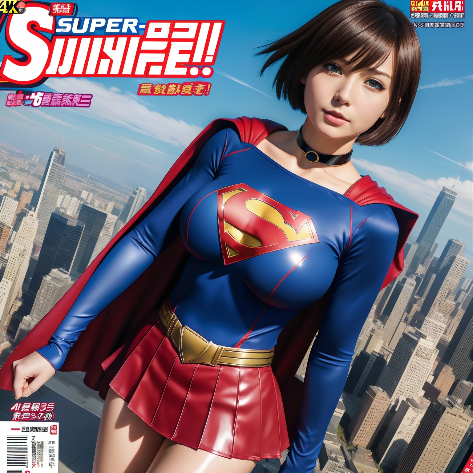 (Best Quality,4K,8K,hight resolution,masutepiece:1.2),Ultra-detailed,Realistic:1.37,Super masterpiece,Short-haired Supergirl、large full breasts、Looking at the camera、Glossy costume、a choker、Too short miniskirt、Magazine covers、Weekly Shonen Jump