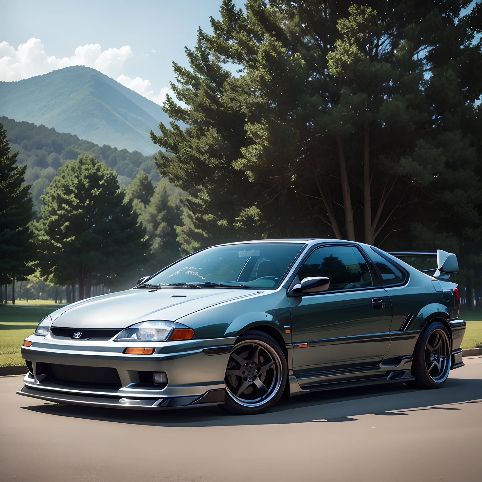 Honda Civic silver colored Coupe late 2000s with black hood, wing, black rims, front side, trees in the background, side view, Honda civic coupe,