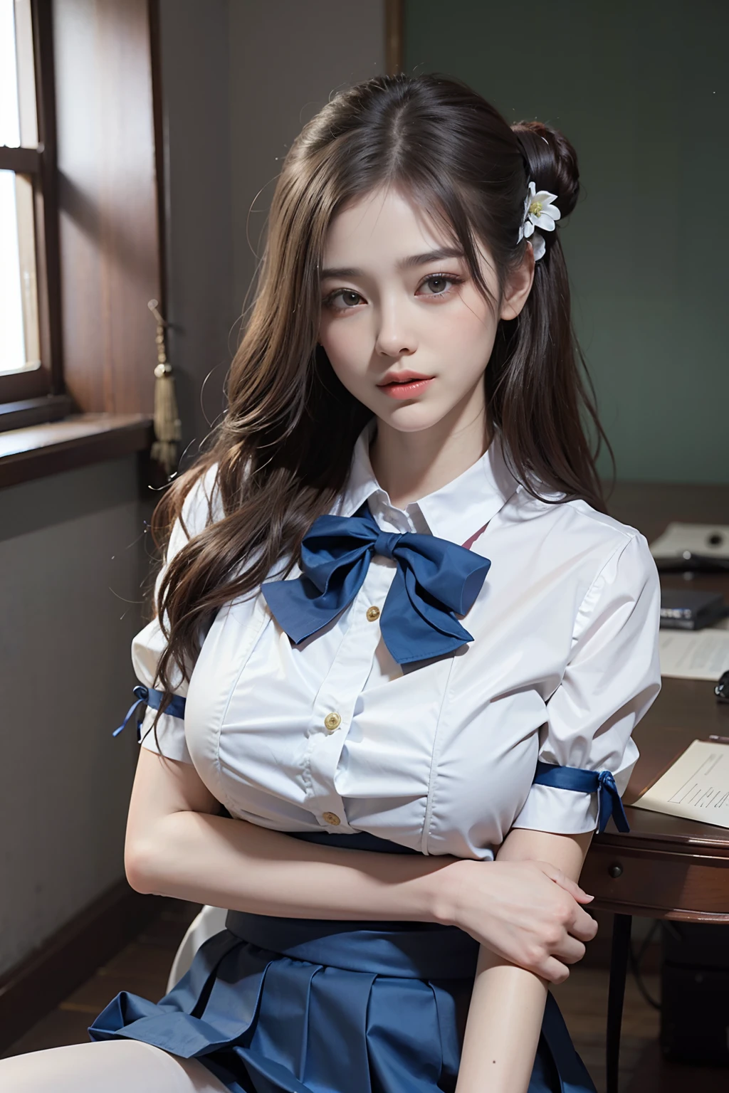 Ultra-realistic 8K CG，s the perfect face，flawless perfection，Ren，tmasterpiece，professionalartwork，famousartwork，s the perfect face，beauitful face，beautidful eyes，((((bunches)))),（（Perfect female body）），独奏，（immersiveatmosphere，lightand shade contrast：1.5，Bright light:1.2,lumnious),,(Blushlush:0.5),Enchanting expression,Ultimate detail_The eye,thick thight,huge tit,Exquisite background,depth of fields,photorealestic:1.3,Faraway view,1girll,The shirt,pleatedskirt,school uniform，Sit Pose，full bodyesbian，（ambient lights：1.3），（cinematic compositions：1.3），（neonlight：0.1），（hdr：0.1），emphasis lighting，White panty hose，