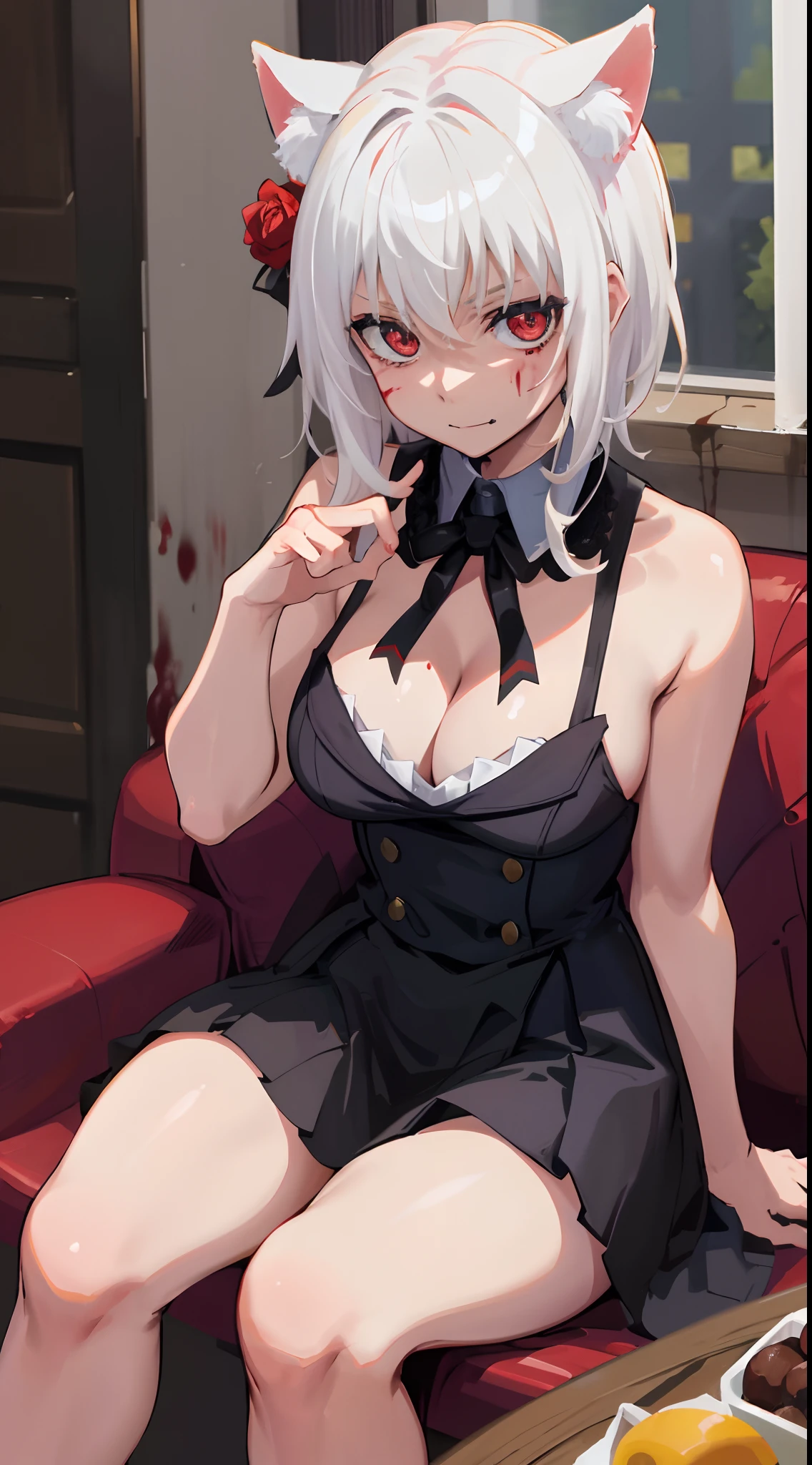 Best Quality, (Masterpiece:1.2), High Detailed, Standing, School, Indoor, Cat Ears, 1girl, solo, tojo koneko, looking at the viewer, closed mouth, light smile, red eyes, white hair, short hair, hair decoration, cleavage, black neckband, erotica, sleeveless, (whole body, close-up), bare legs, (((bloody, blood, evil))), healthy skin, ((seated))