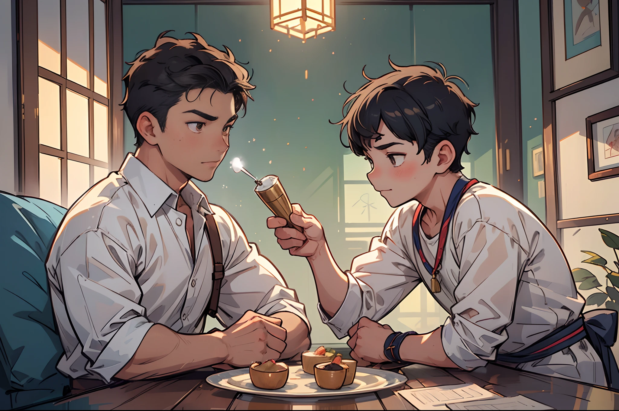 (Masterpiece), (best quality), ((super-detailed)), (shotaoni:1.5),((1 boy and 1 adult mature male)), (gay), looking at another, (The child boy in power)、Adult male obeying the orders of the child master boy, Pompous and smug children