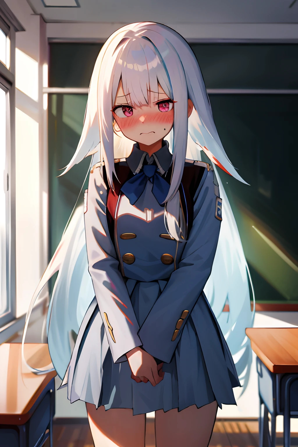 One girl with long hair, white hair, looking away, embarrassed, blushing, mouth small open, classroom, white shirt, mini skirt, uniform