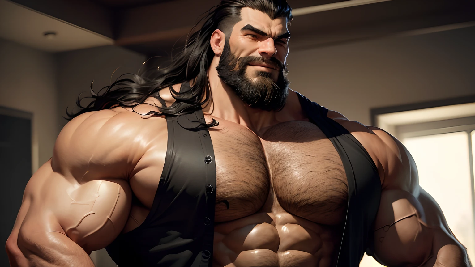 ultra-detailed,huge muscular man large, muscular giant with enormous chest even bigger, black hair and beard, wearing a torn shirt, flexing his muscles, imposing, with an evil gaze,smiling,dark and gritty style.