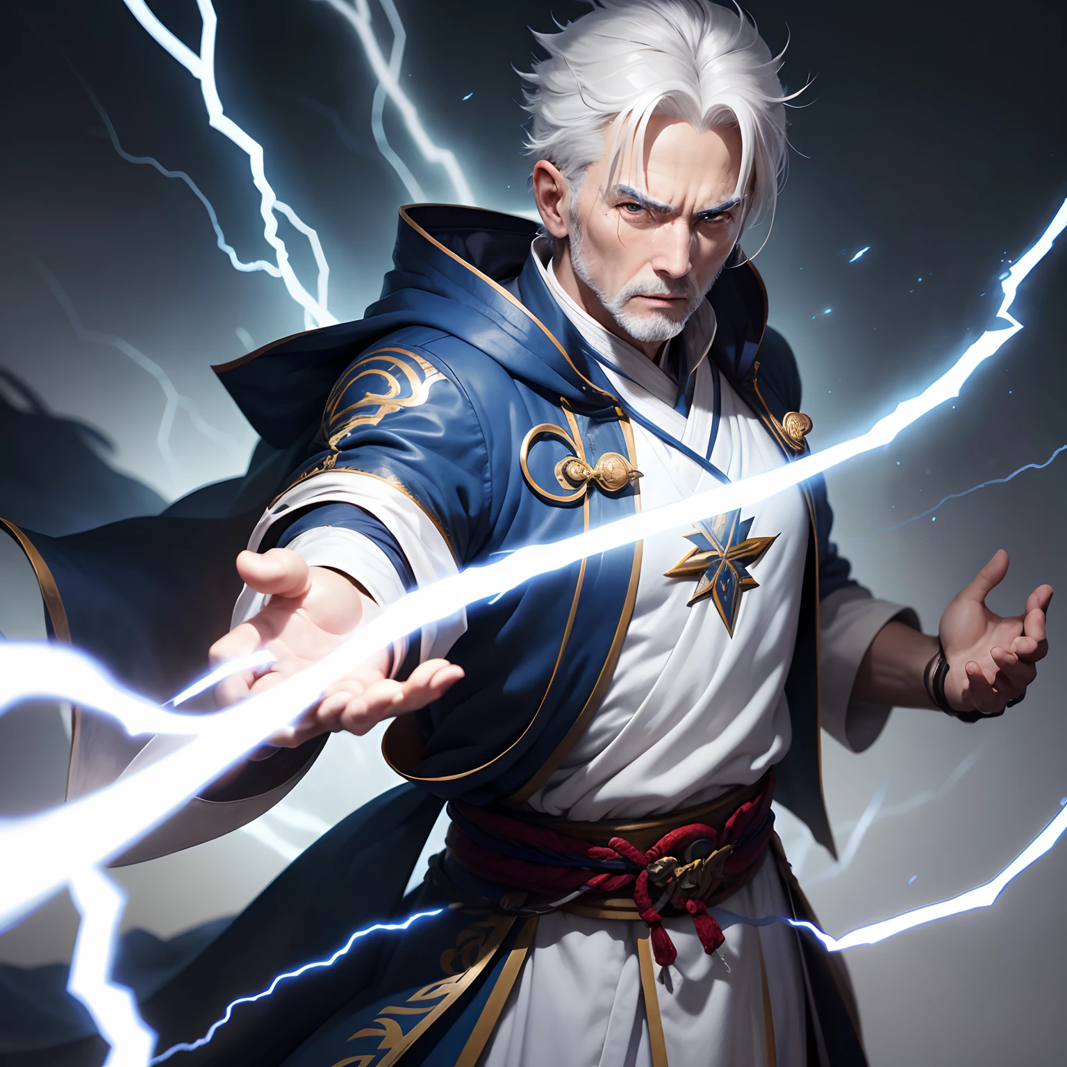 White-haired middle-aged man with lightning bolts in his hands, blue Daoist robes, strong