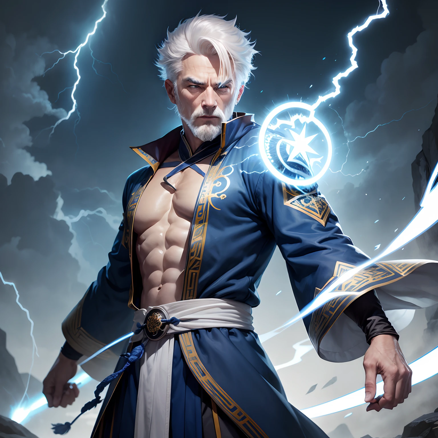 White-haired middle-aged man with lightning bolts in his hands, blue Daoist robes, strong