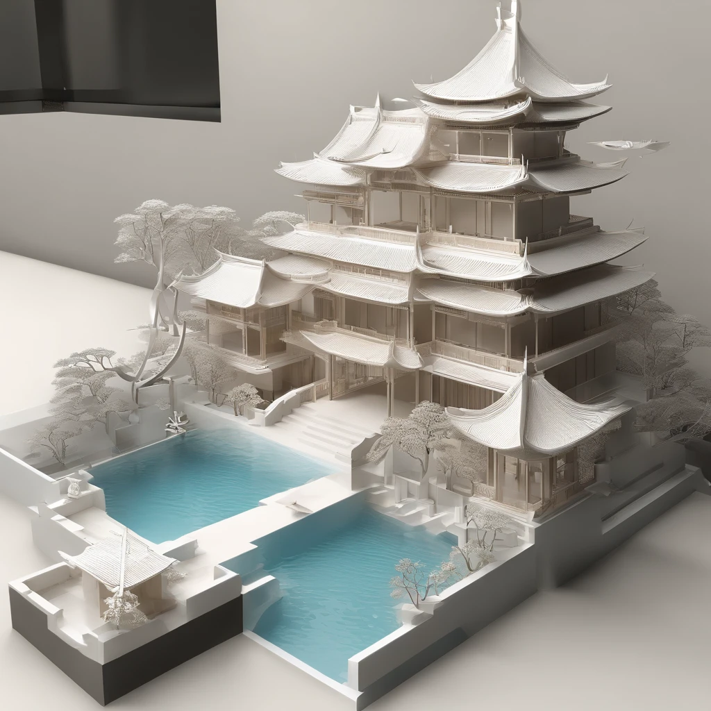 (isometry:1.5),1 Chinese house model,1 pond,lotuses,(white backgrounid:1.2,),panoramic photo,globalillumination,(Ray traching,hdr,unreal render,Rational design,tmasterpiece,best qualtiy,hyper HD,cinmatic lighting)
