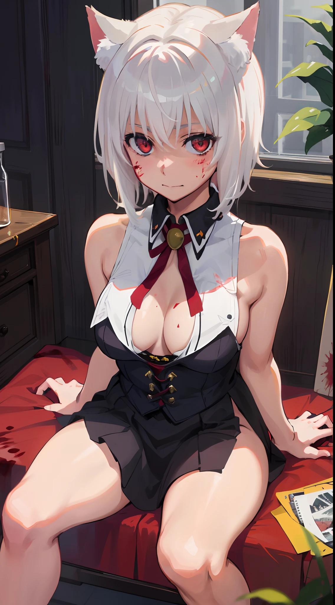 Best Quality, (Masterpiece:1.2), High Detailed, Standing, School, Indoor, Cat Ears, 1girl, solo, tojo koneko, looking at the viewer, closed mouth, light smile, red eyes, white hair, short hair, hair decoration, cleavage, black neckband, erotica, sleeveless, (whole body, close-up), bare legs, (((bloody, murderer, blood, evil))), healthy skin, ((seated)).