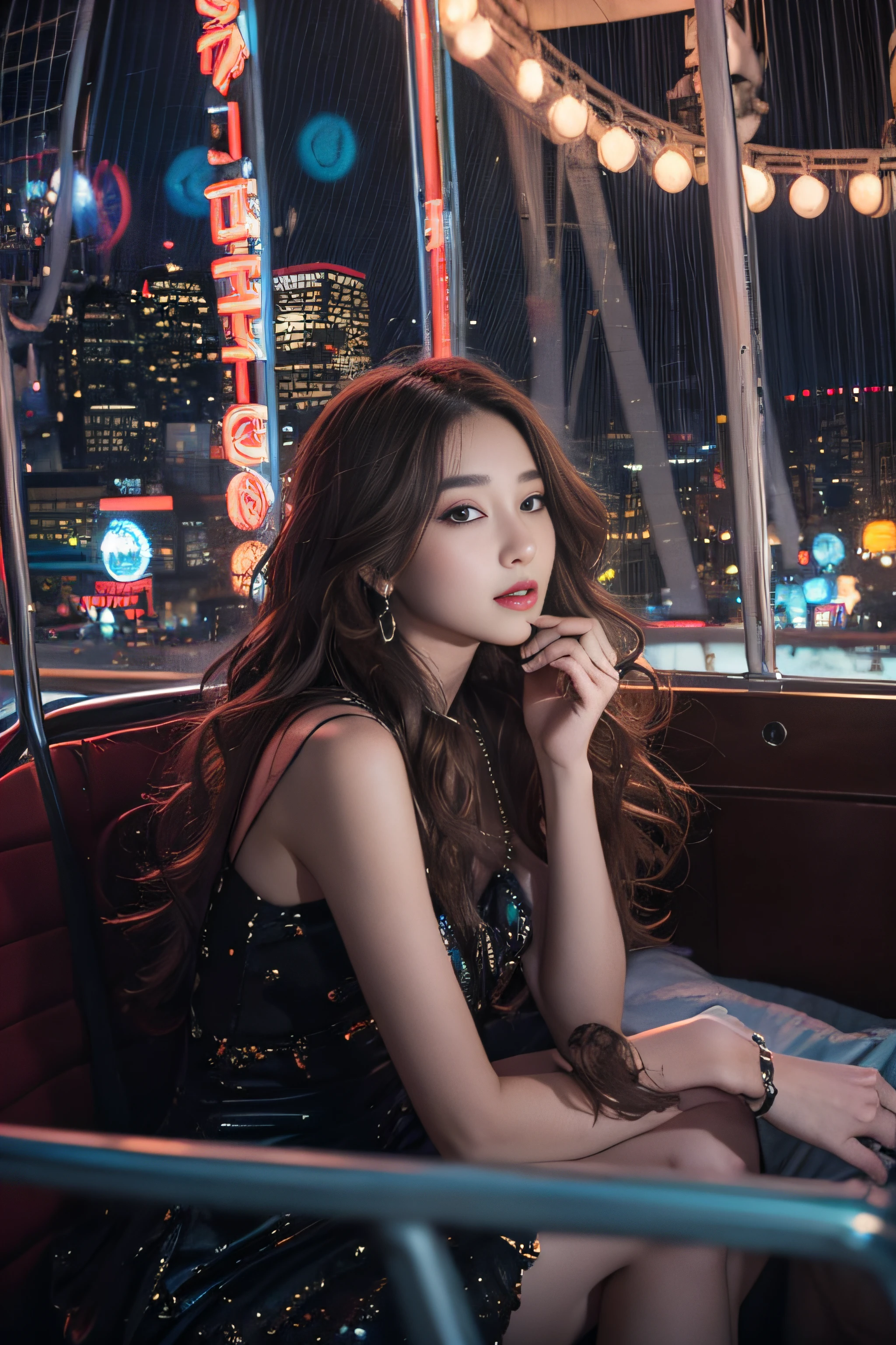 1womanl、Early 20s、(Strong-willed super beauty)、(ultra beautiful faces)、(natta)、Wearing makeup、Wavy brown hair、Sitting in the seat of the Ferris wheel、Night view of the city from the window、Shallow depth of field