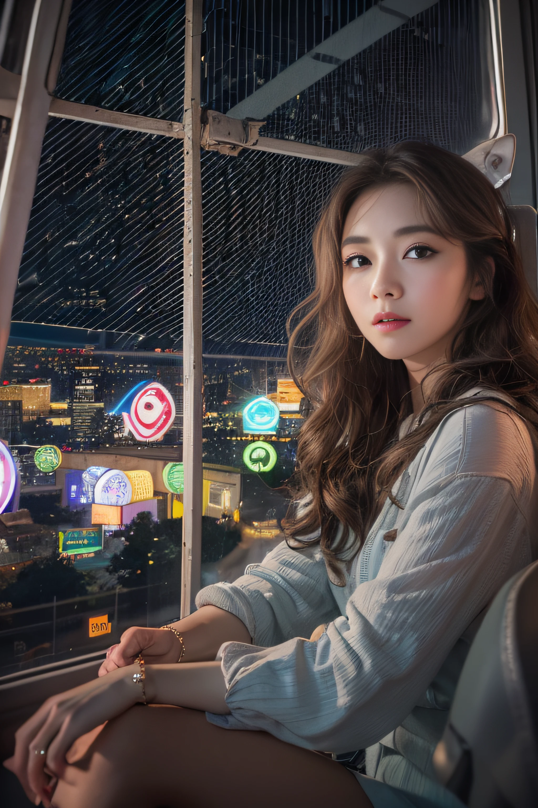 1womanl、Early 20s、(Strong-willed super beauty)、(ultra beautiful faces)、(natta)、Wearing makeup、Wavy brown hair、Sitting in the seat of the Ferris wheel、Night view of the city from the window、Shallow depth of field