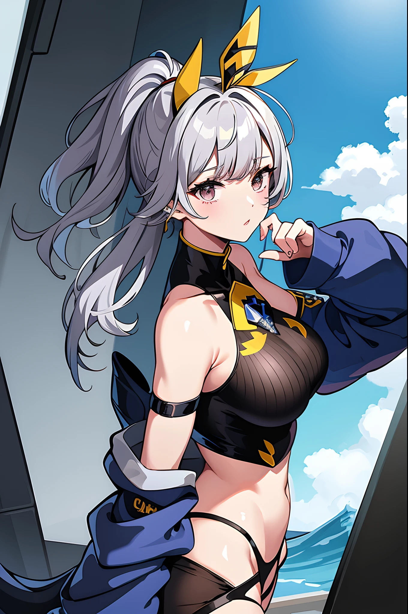 Yellow, gray, navy and khaki color scheme。Curvaceous but slender、silber hair、ornament detached、psychic、accessorized、shairband、Muchimuchi Body、mole、Distinctive charm points、Eyebrows、Sareme、poneyTail、Muscular nose、short-haired、super powers、red blush、plump lips、Physical beauty、disheveled hair、Trendy fashion、Anime style、animesque、unreal、Depiction in motion、(top-quality、hight resolution、8k、masterpiece:1.2)。Beautiful muscular woman、Roaring in the middle of a modern metropolis lined with urban skyscrapers。Her muscles are、It shows overwhelming strength.、The figure is magnificent and powerful.。 Women use their superpowers、With the energy emanating from the palm of your hand、Skyscrapers and roads、vehicle、Next Bridge々and collapsing。Huge stones and waves of energy shatter buildings、It's transforming the landscape of the city。Sparks flutter、Rubble lifts、The energy of destruction is wafting around her。 Although its power is overwhelming、At the same time it is in harmony with beauty。 This scene is、Drawing the contrast between power and destruction、It expresses a woman's sense of mission and determination.、By understating the destructive element、Focuses on the aesthetic aspect。