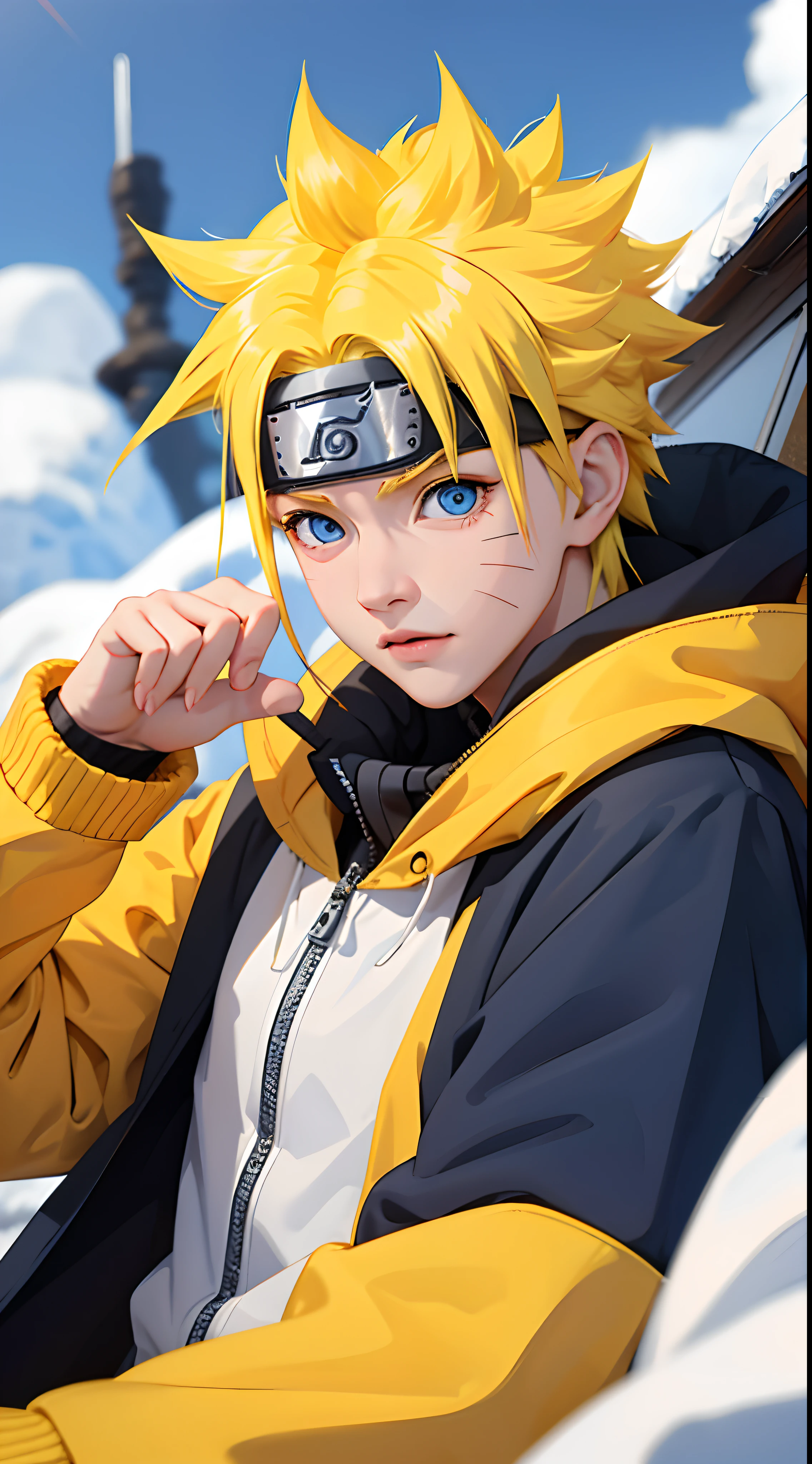 Masterpiece, Superb Style, winter chothes, Outdoor, Upper Body, Uzumaki Naruto, blue eyes, short yellow hair,a boy