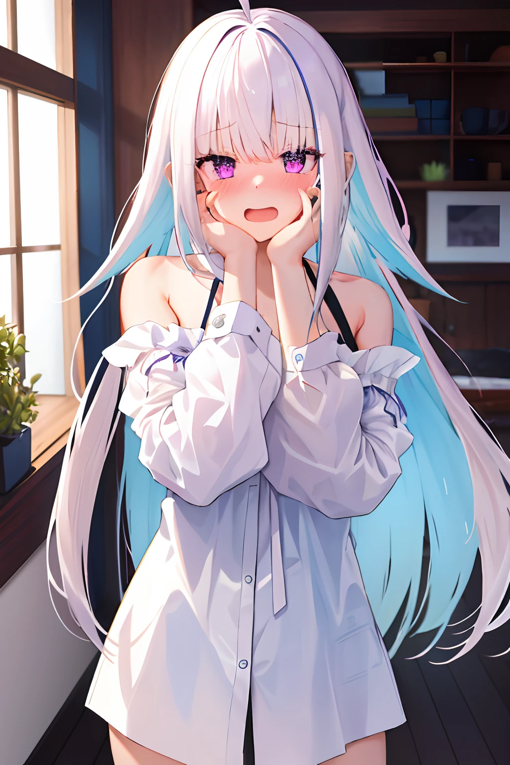 masterpiece, top quality, high resolution, 1 girl, solo, long hair, purple eyes, white hair, ahoge, bangs, hair between eyes, floating hair, (naked oversized shirt), shirt pulling, bare shoulders, standing, indoor, open mouth, embarrassed, hands on own face, ear blush, covering face, looking at viewer, red cheeks, blushing