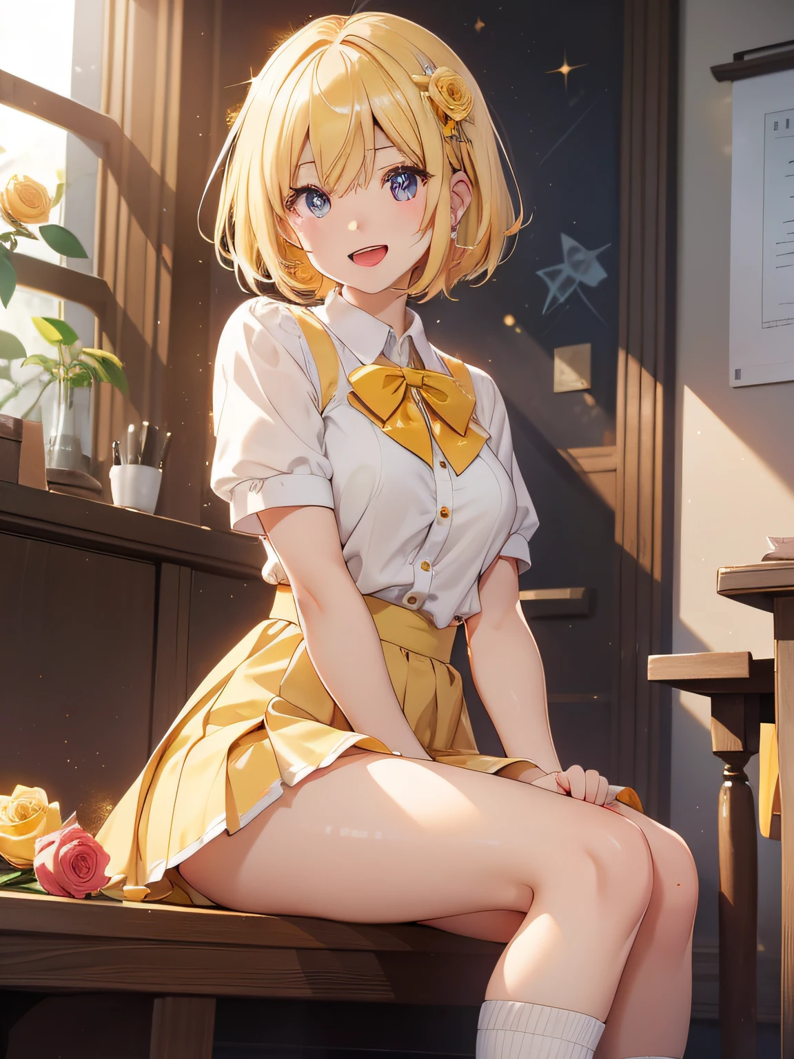 masutepiece, High resolution, 8K, anime woman, Delicate and detailed writing 、Detailed digital illustration、Short hair、perm、Shiny hair、Bangs、a very beautiful woman、Eyes are double, Large, Bust is D cup、High image quality, High quality、Detailed background、The inside of the eye shines like a diamond、Light yellow hair、Gradient pupil、(((2 arms、4 fingers, 1 thumb)))、Detailed female face、Very beautiful and cute woman、、细致背景、​masterpiece、Soft Focus , Bright gradient watercolor , Lens Flare , (((Glitter))) , Glow , Dreamy , Yellow Ribbon、((Very beautiful yellow rose hair accessories))、((Straight at the angle of the front))、(School Uniforms:1.2)、Laughing with open mouth、Amazing smile、Loose socks under your feet、a miniskirt、Sexy legs、cross one's legs