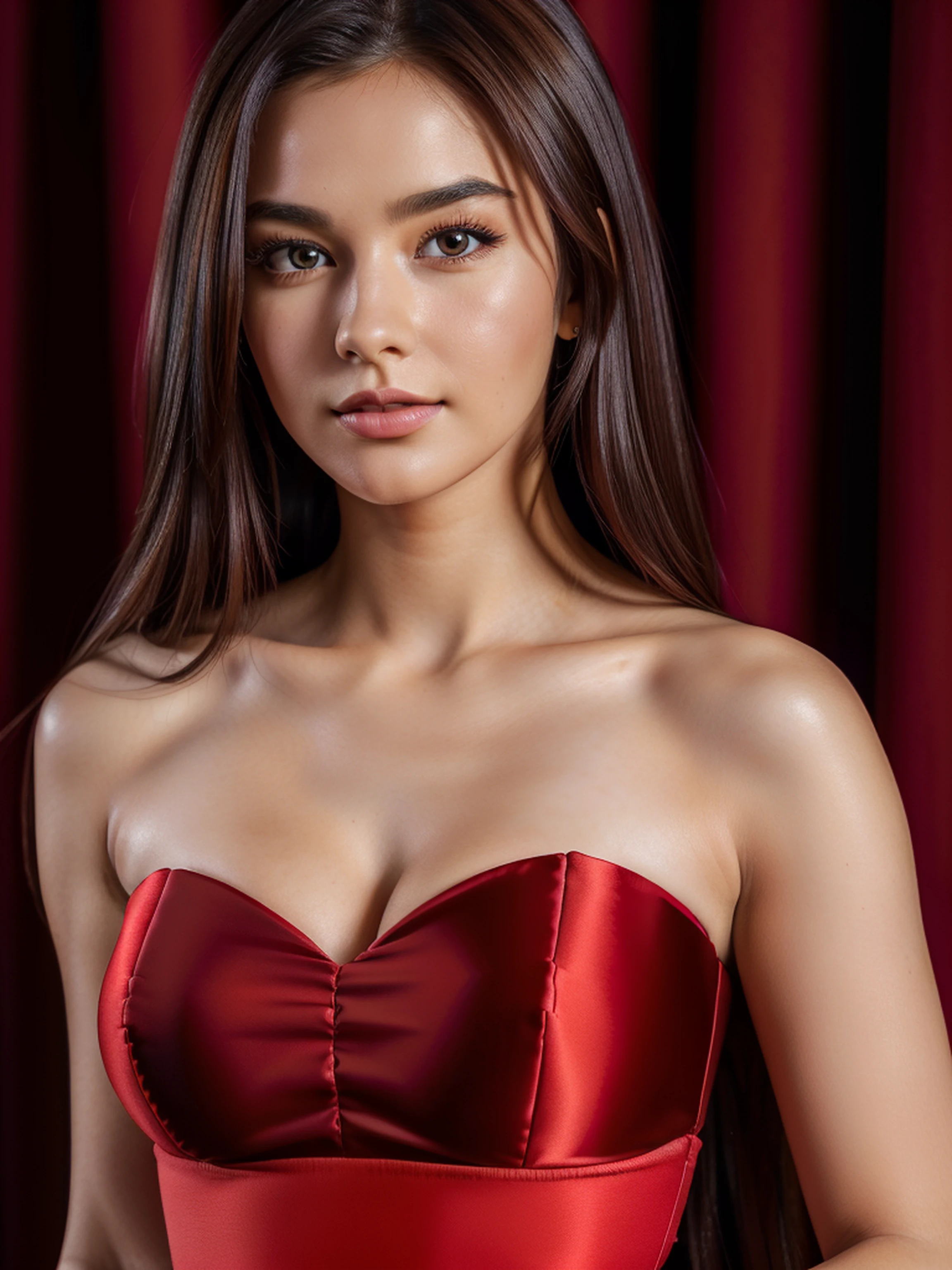 (best quality,4k,8k,highres,masterpiece:1.2),ultra-detailed,(realistic,photorealistic,photo-realistic:1.37),1girl,(18years old),(Excella_re5),(irene1),beautiful detailed brown eyes,beautiful detailed lips,extremely detailed eyes and face,long eyelashes,(192cm tall),raven-black hair,cleavage breasts,((wearing a (red) sexy strapless Dress)),(sharp focus),(close-up),(ultra-detailed, highres, colorful),vibrant color,simple background,professional photography.