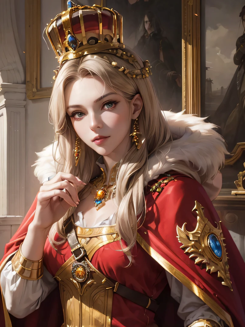 (top-quality、masuter piece:1.3)、reallistic、Realistic、cowboy  shot、analog style、face lights、Stunning portrait of a beautiful woman、1人の女性、((Warrior Queen Armor、Fur-lined cape、Luxurious red cloak、Golden crown adorned with precious stones))、Serious、glistning skin、Blonde Beauty、Blue eyes、Sharp eyes、hyperdetailed face、A detailed eye、slim figure、desk work、Lots of books、Write in a note、Detailed hand depiction、Soft stool、Gothic study of a medieval palace、Look at viewers