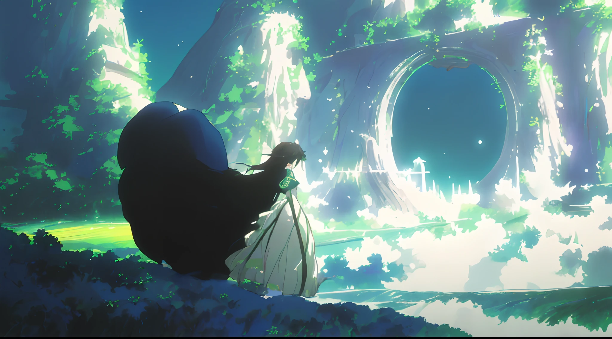 (with Kyoto animation studio art style) A captivating woman stands gracefully amidst a vast expanse of lush green field, adorned in a predominantly blue gown with delicate white accents. Her long, flowing hair, as white as snow, dances elegantly in the gentle breeze that surrounds her. Her eyes are filled with curiosity as she gazes upon a portal gate that has materialized before her. The bright blue sky creates a perfect backdrop for this enchanting moment.