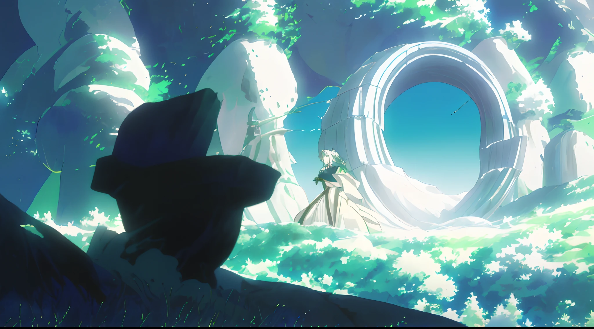 (with Kyoto animation studio art style) A captivating woman stands gracefully amidst a vast expanse of lush green field, adorned in a predominantly blue gown with delicate white accents. Her long, flowing hair, as white as snow, dances elegantly in the gentle breeze that surrounds her. Her eyes are filled with curiosity as she gazes upon a portal gate that has materialized before her. The bright blue sky creates a perfect backdrop for this enchanting moment.