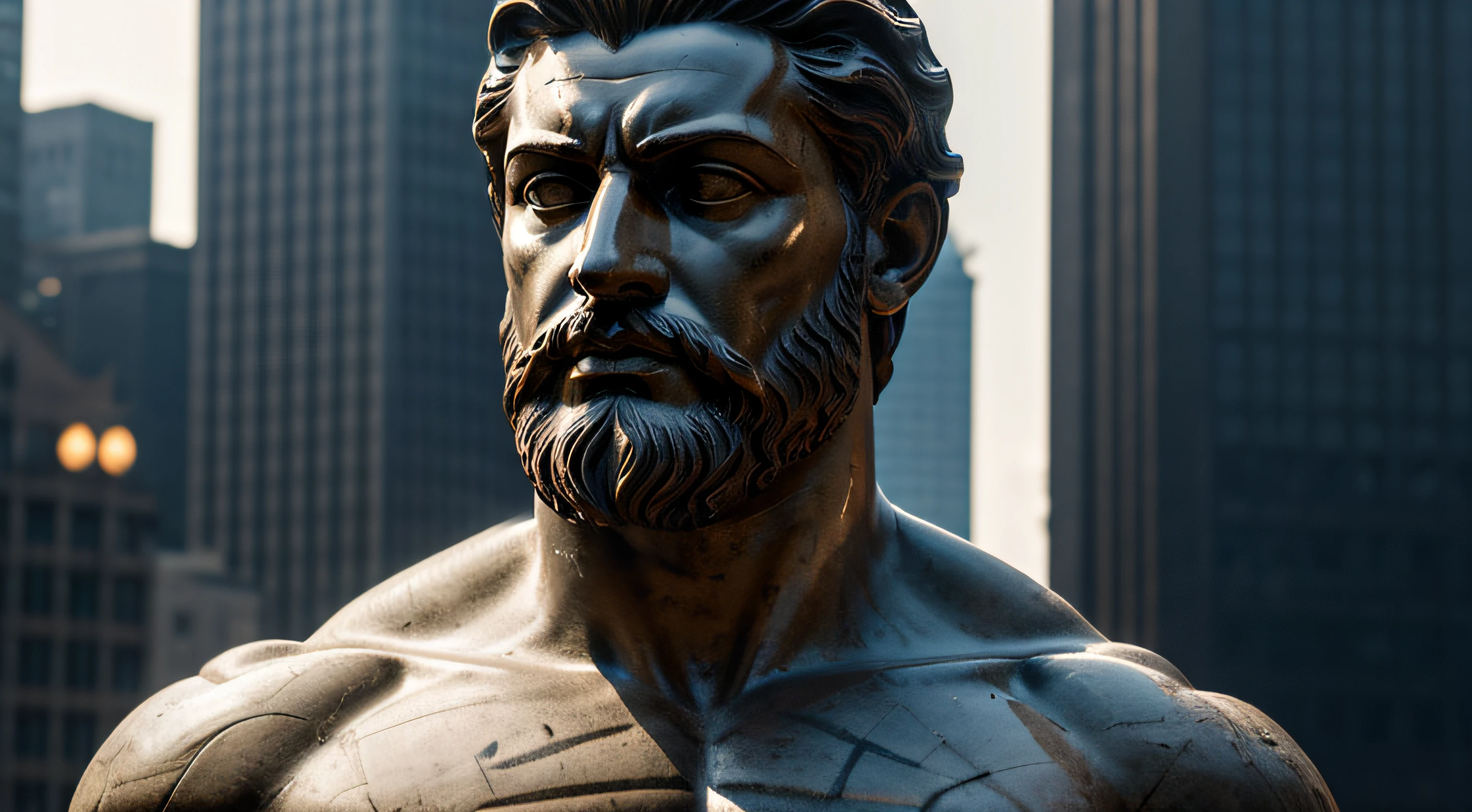 Close up of a hyper realistic ancient stoic greek marble statue in bodybuilder's shape, realistic black hair and beard contrasts with the white marble, sitting on the bench while reflects about life, exausted after a work out, looking to the horizon with a hard stare, perfect face body and hands, little cracks on the statue to symbolize resilience, dark cinematic scene a la batman's gotham city, minimalist and neutral background, ((Masterpiece, Best Quality, 8k))