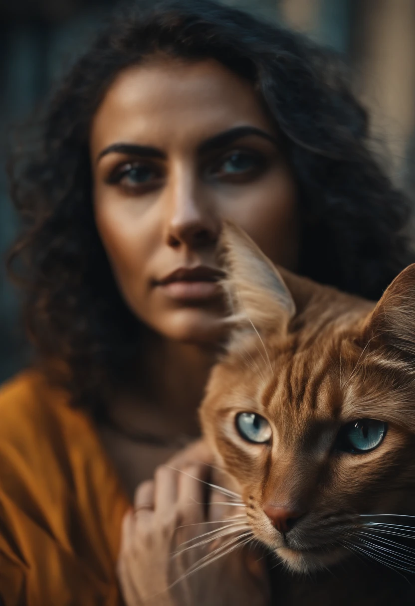 Mulher com os cabelos pretos, olhos cor de mel, olhar triste, com um gato no colo