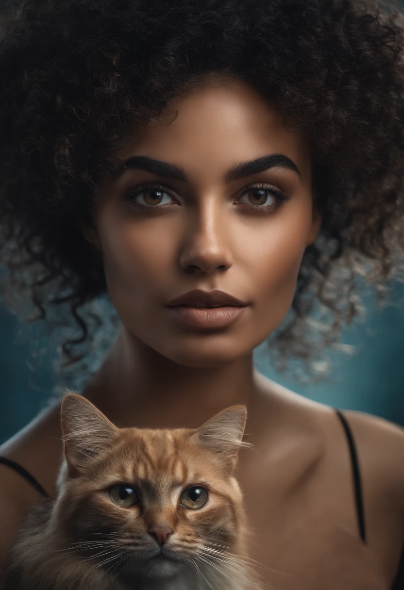 Mulher com os cabelos pretos, olhos cor de mel, olhar triste, com um gato no colo