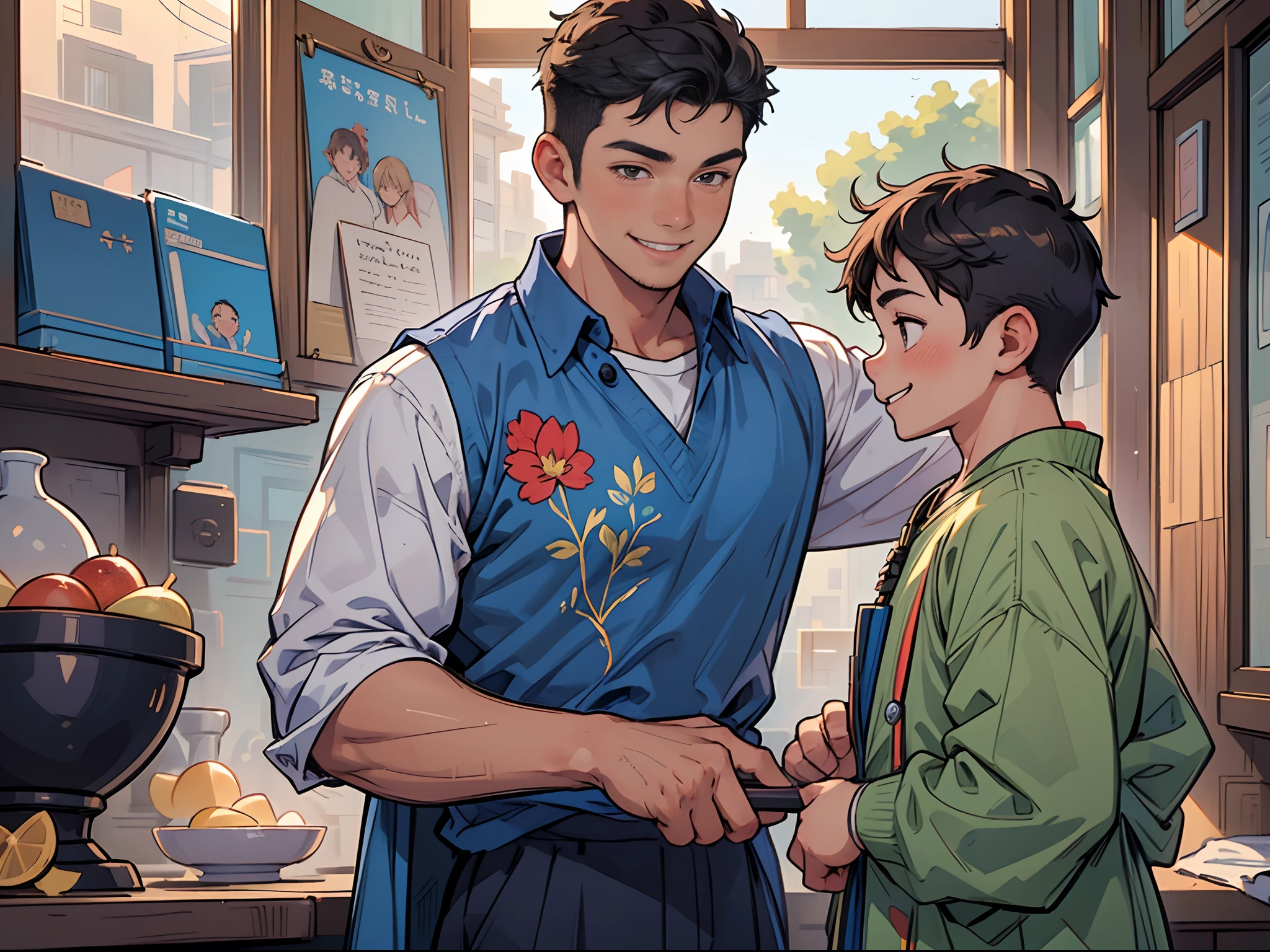 (Masterpiece), (best quality), ((super-detailed)), (shotaoni:1.5),((1 boy and 1 adult mature male)), (gay), looking at another, (The child boy in power)、Adult male obeying the orders of the child master boy,happy smiling,city boy clothes
